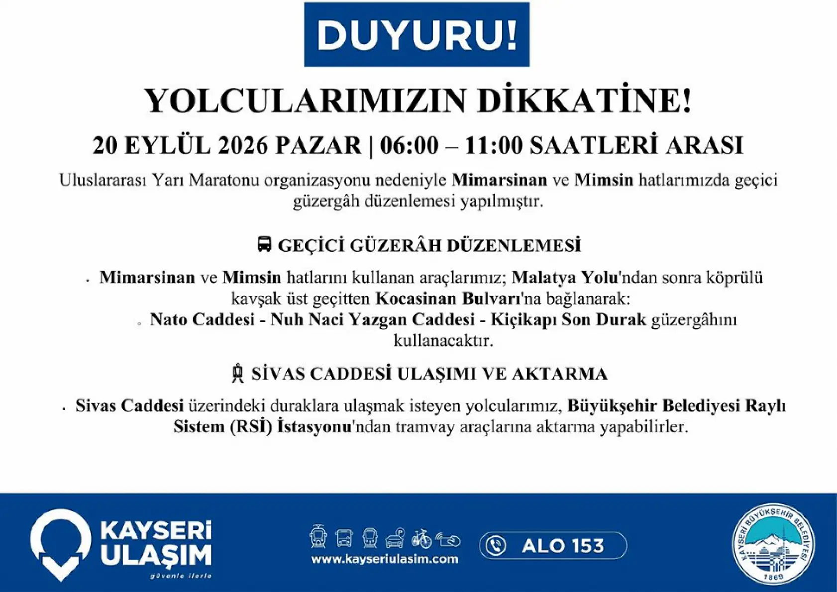 Kayseri Yarı Maratonu nedeniyle yollara kapanacak: Otobüs güzergahları değişecek!