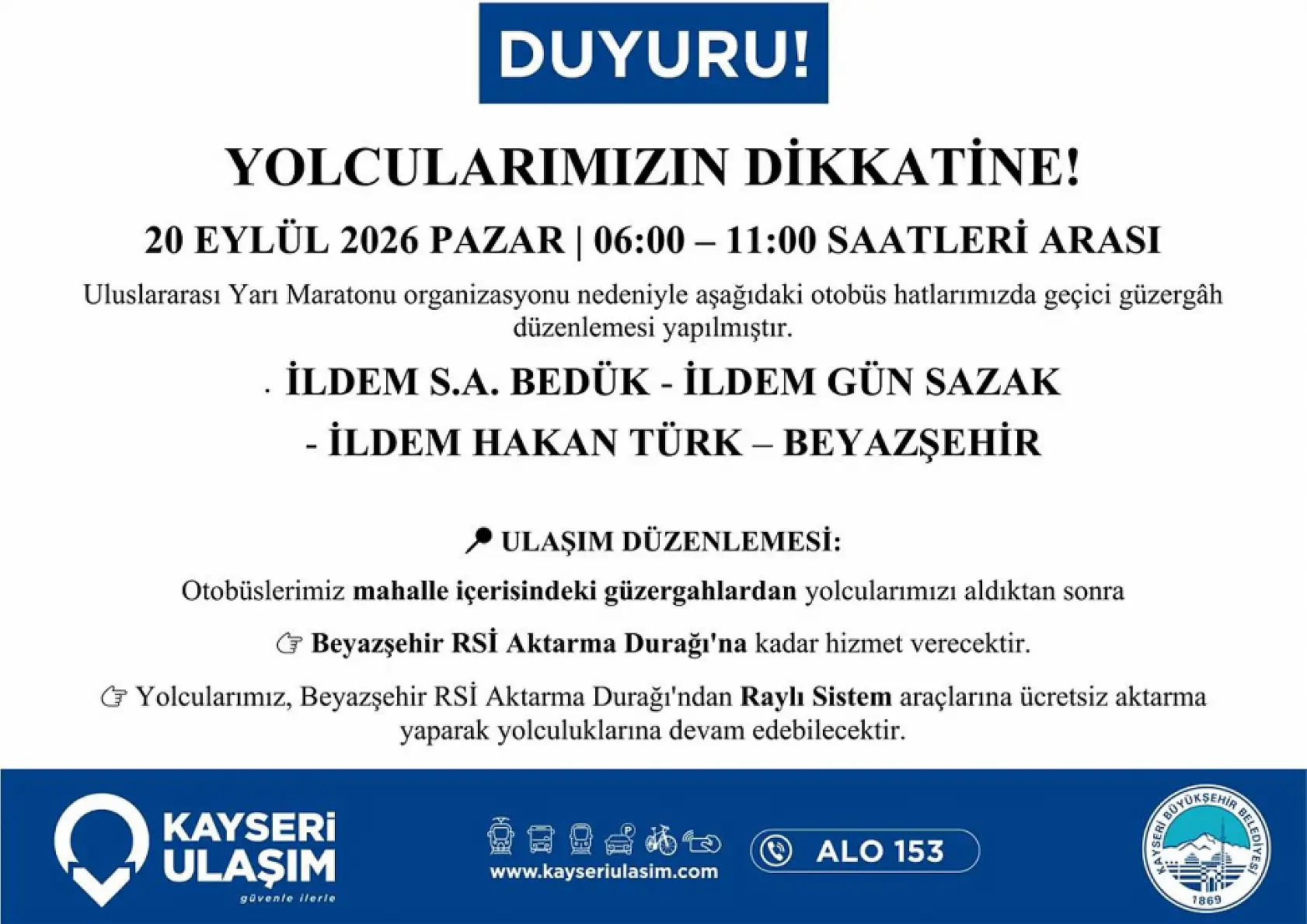 Kayseri Yarı Maratonu nedeniyle yollara kapanacak: Otobüs güzergahları değişecek!