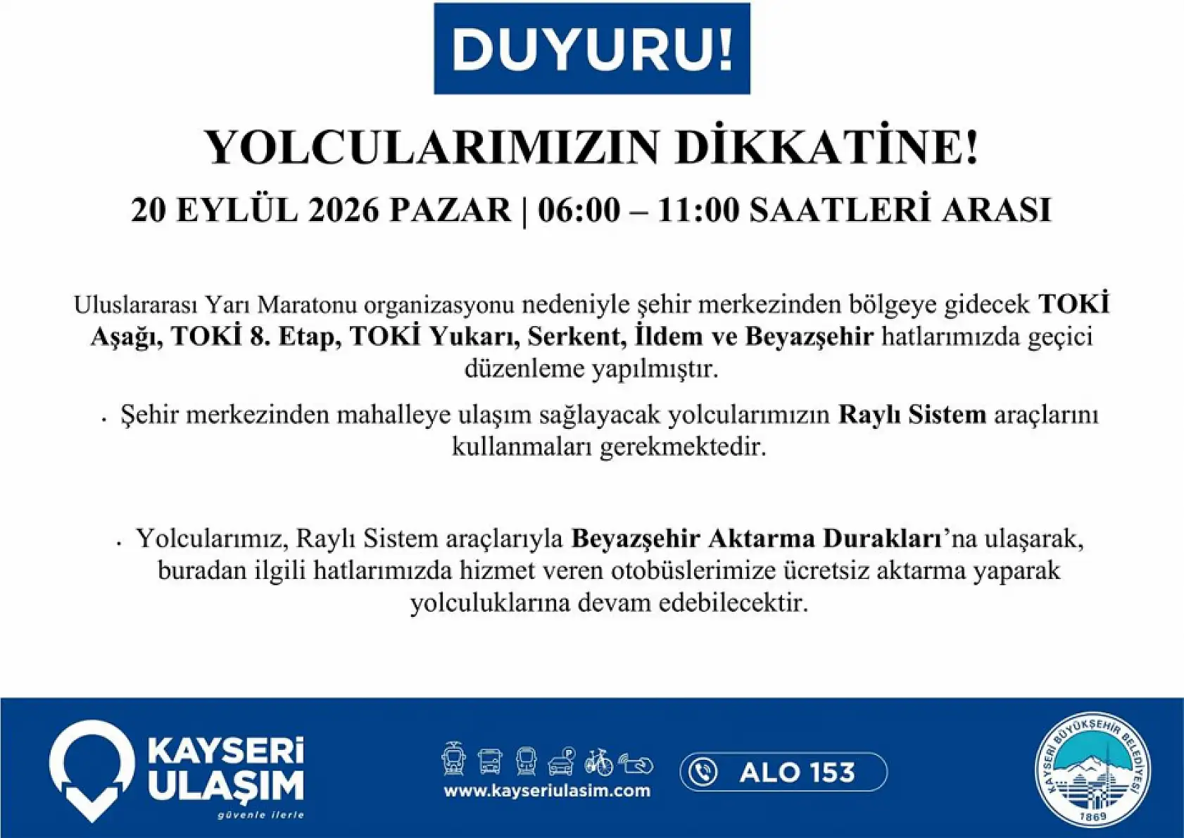 Kayseri Yarı Maratonu nedeniyle yollara kapanacak: Otobüs güzergahları değişecek!