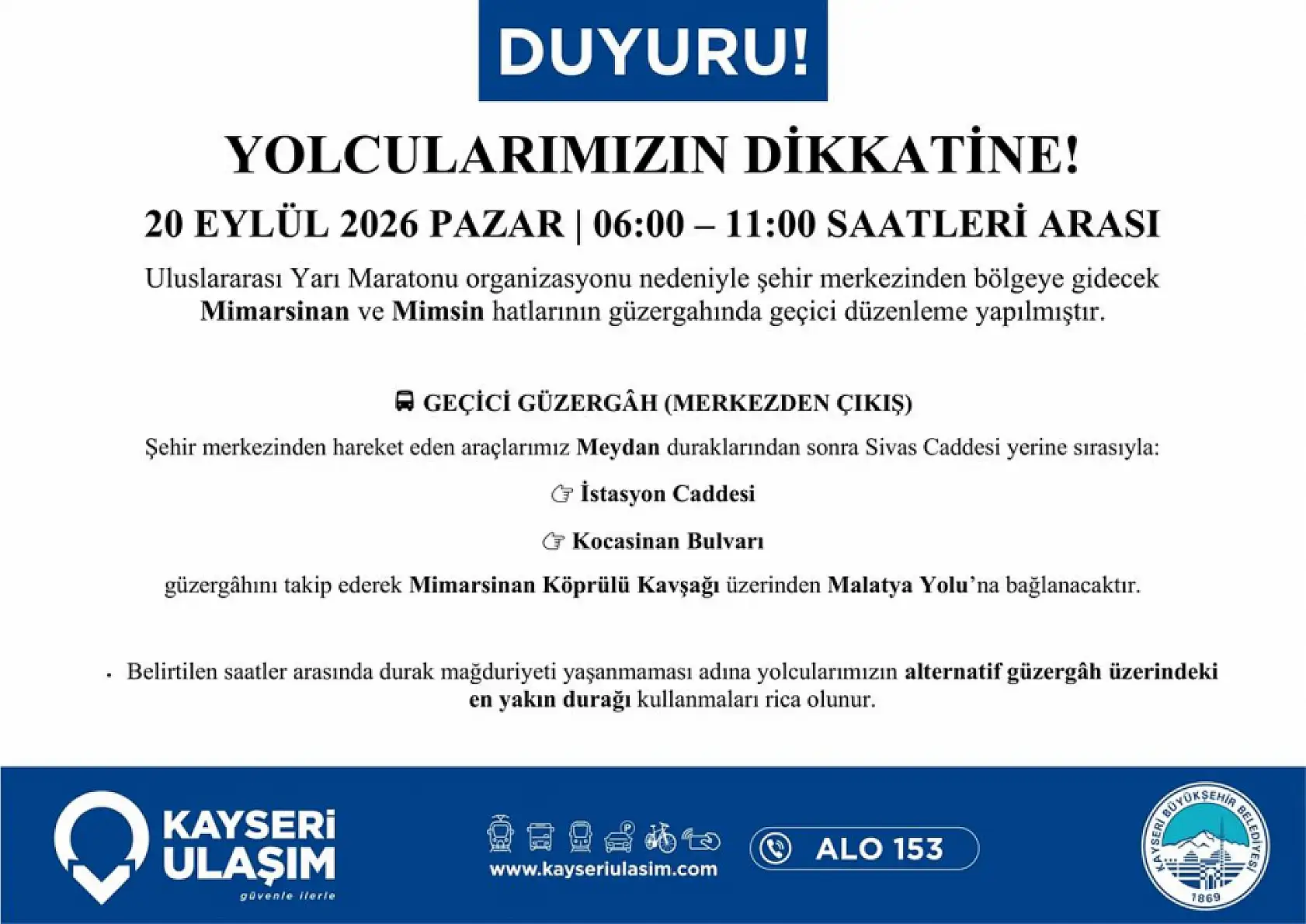 Kayseri Yarı Maratonu nedeniyle yollara kapanacak: Otobüs güzergahları değişecek!