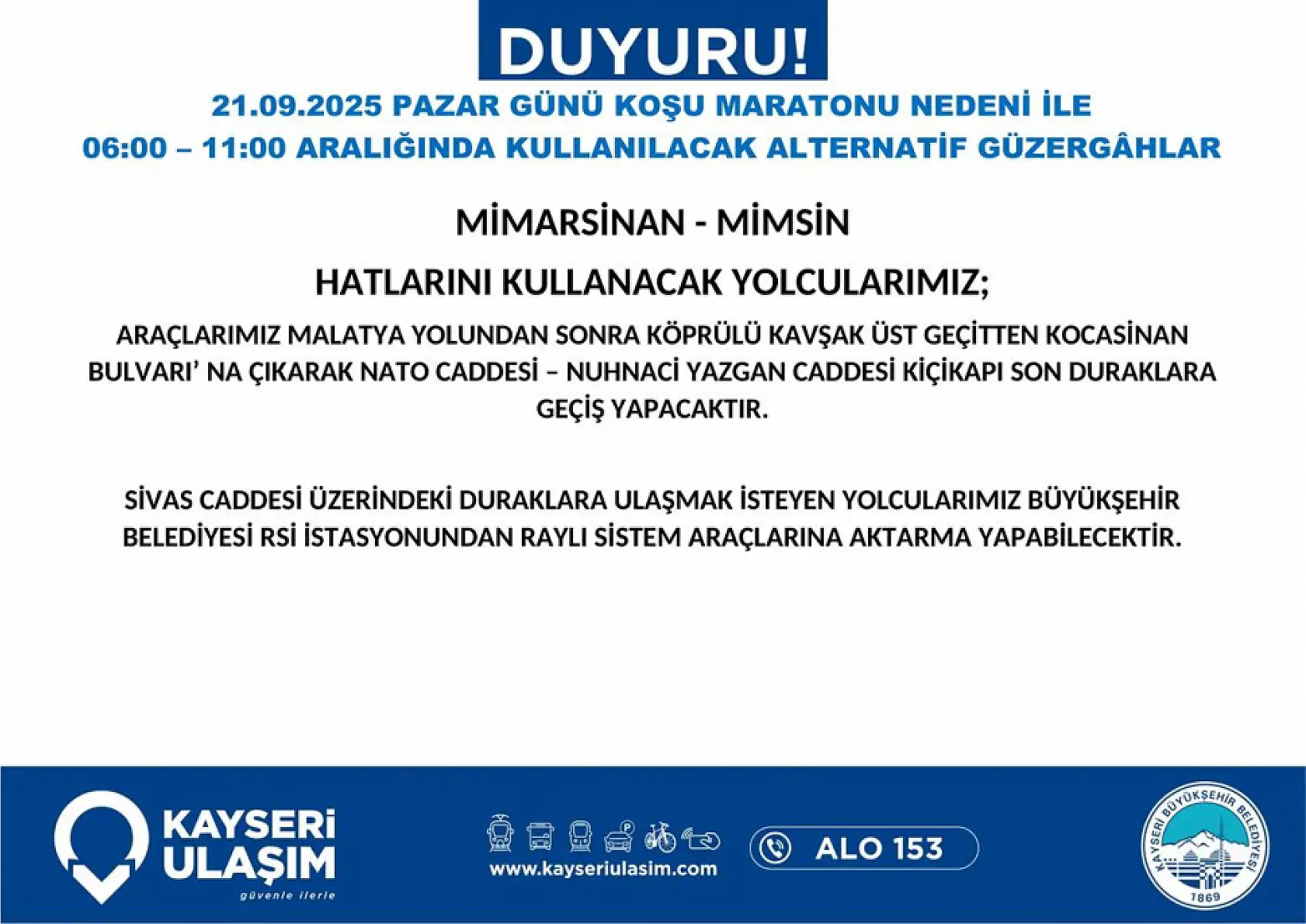 Kayseri'de Yarı Maratonu dolayısıyla çok sayıda otobüs güzergahı değişiyor: Hangi otobüs nereden gidecek?