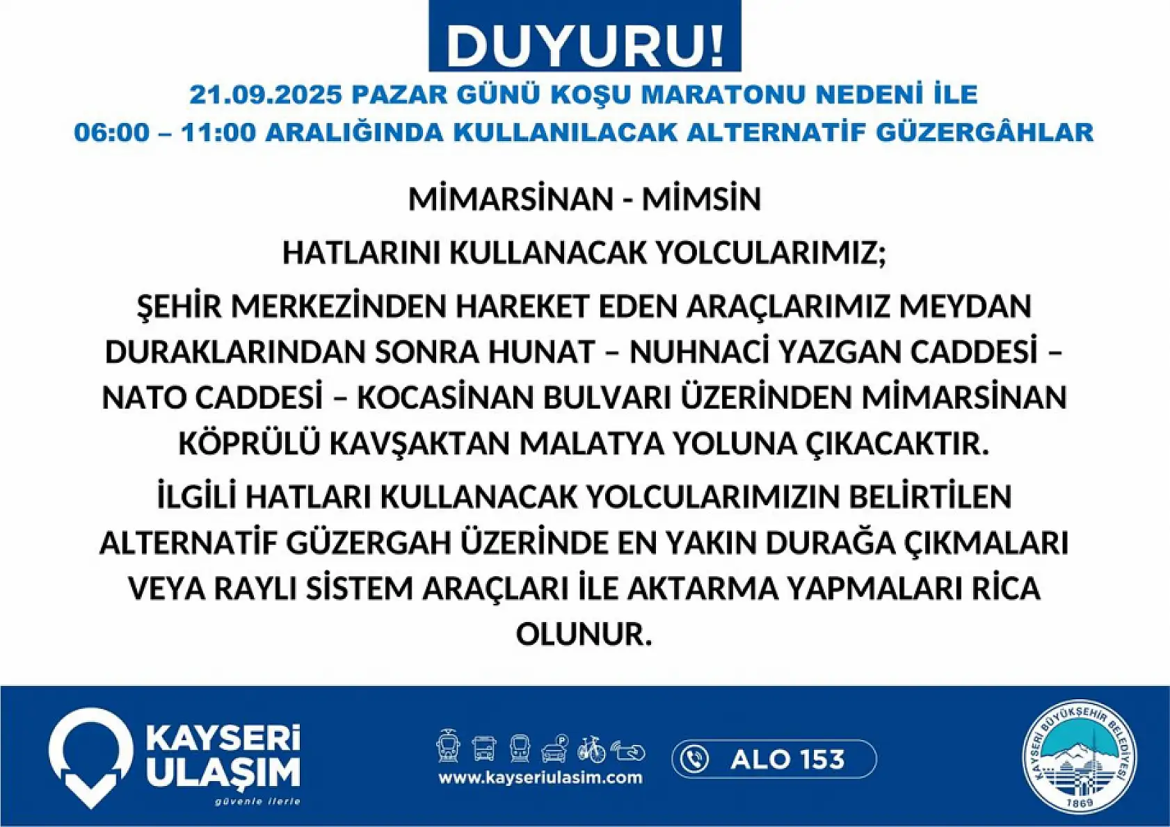 Kayseri'de Yarı Maratonu dolayısıyla çok sayıda otobüs güzergahı değişiyor: Hangi otobüs nereden gidecek?