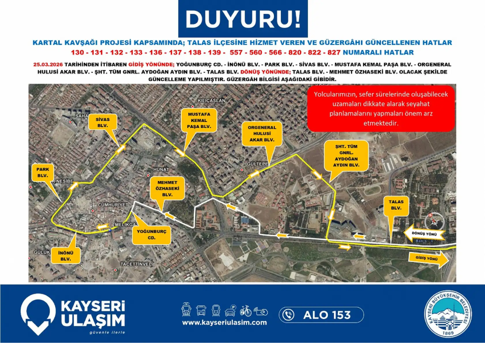Güzergahlar baştan sona değişti: Kayseri'de toplu ulaşıma Kartal Kavşağı düzenlemesi (25 Mart 2026)