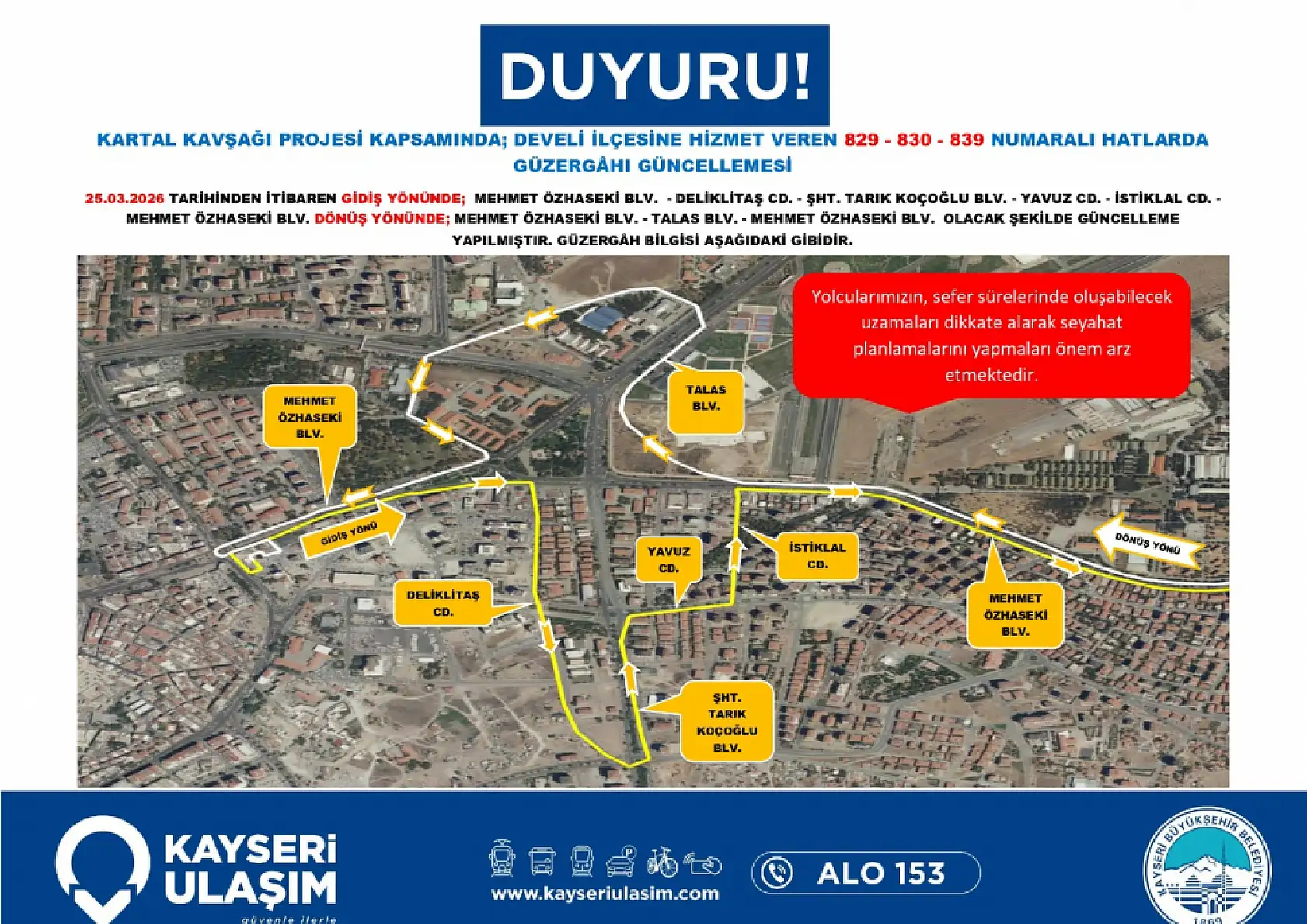 Güzergahlar baştan sona değişti: Kayseri'de toplu ulaşıma Kartal Kavşağı düzenlemesi (25 Mart 2026)
