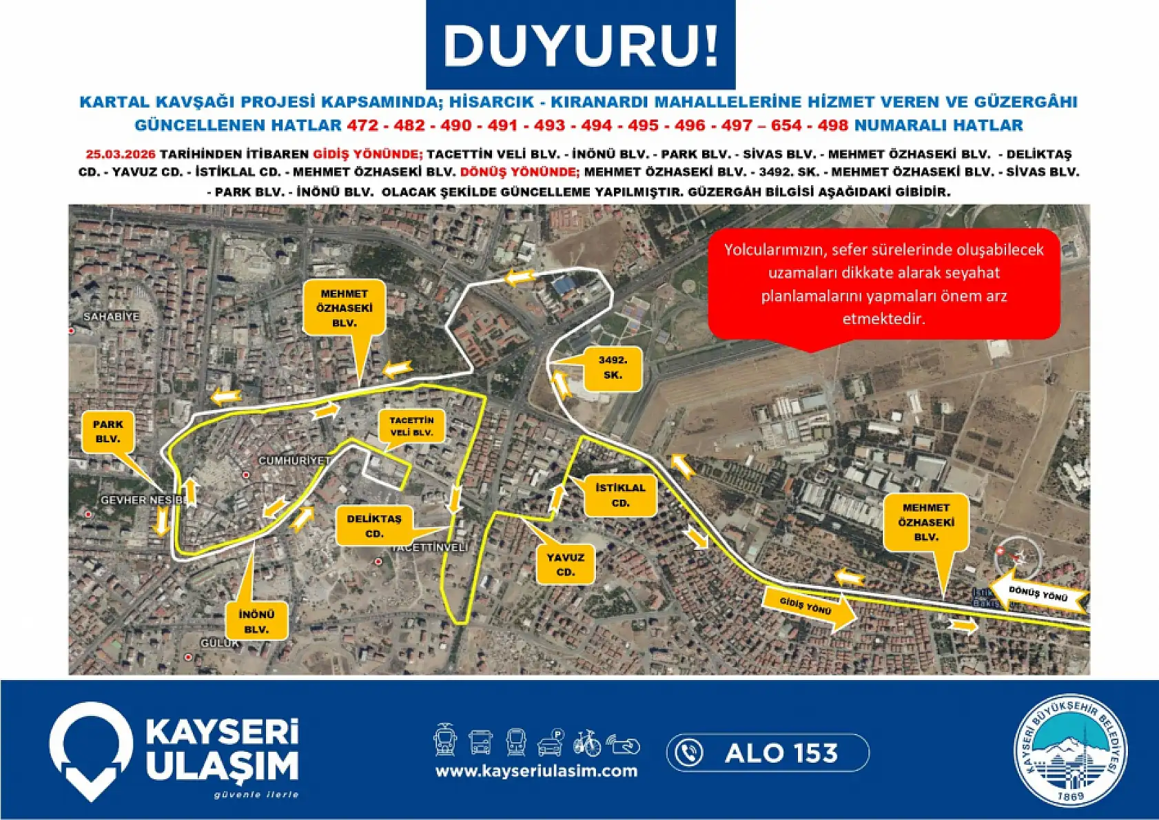 Güzergahlar baştan sona değişti: Kayseri'de toplu ulaşıma Kartal Kavşağı düzenlemesi (25 Mart 2026)