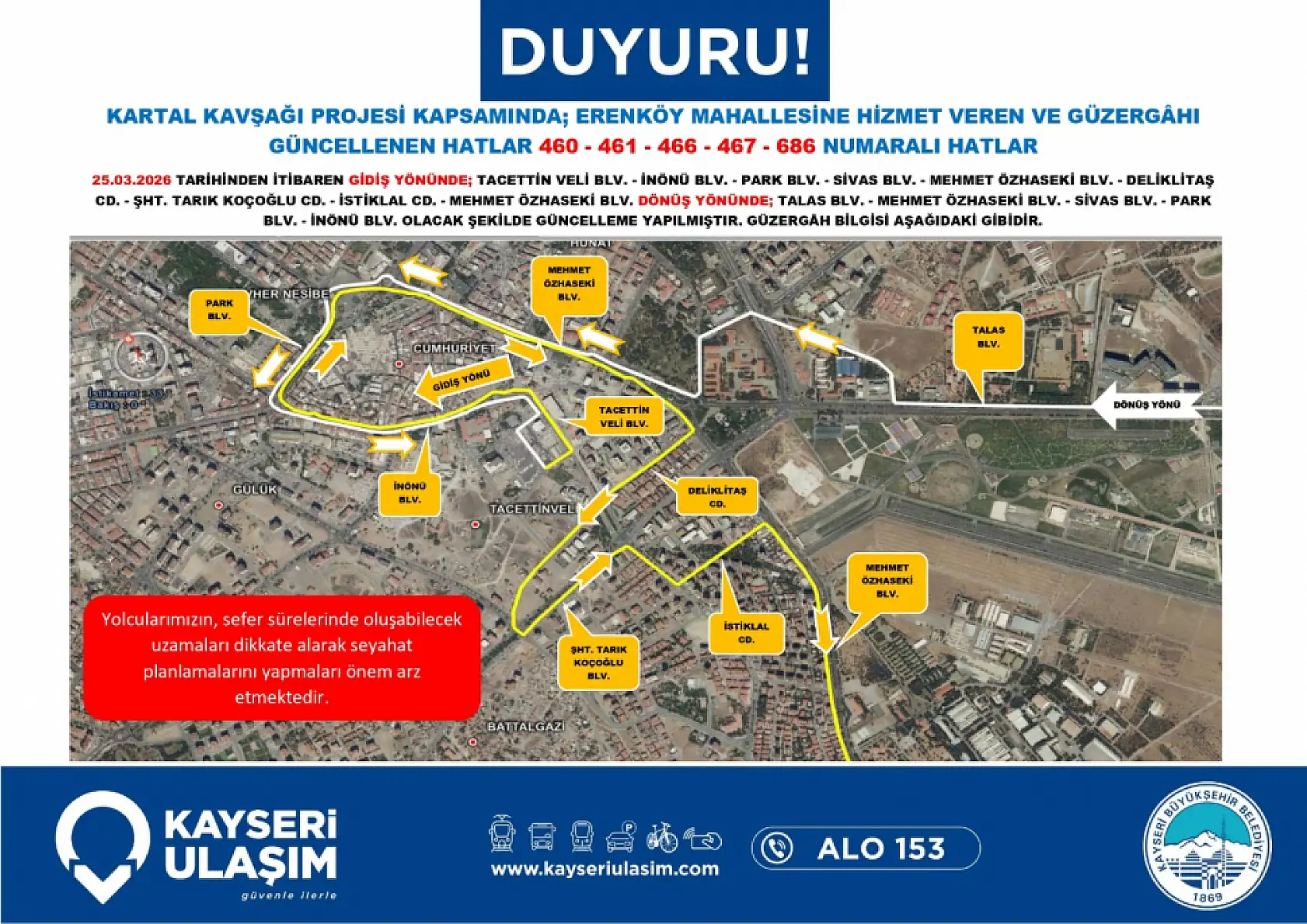 Güzergahlar baştan sona değişti: Kayseri'de toplu ulaşıma Kartal Kavşağı düzenlemesi (25 Mart 2026)