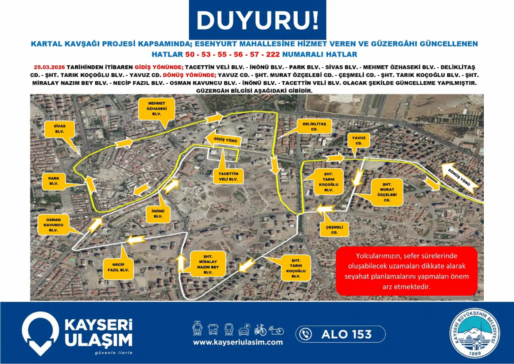 Güzergahlar baştan sona değişti: Kayseri'de toplu ulaşıma Kartal Kavşağı düzenlemesi (25 Mart 2026)