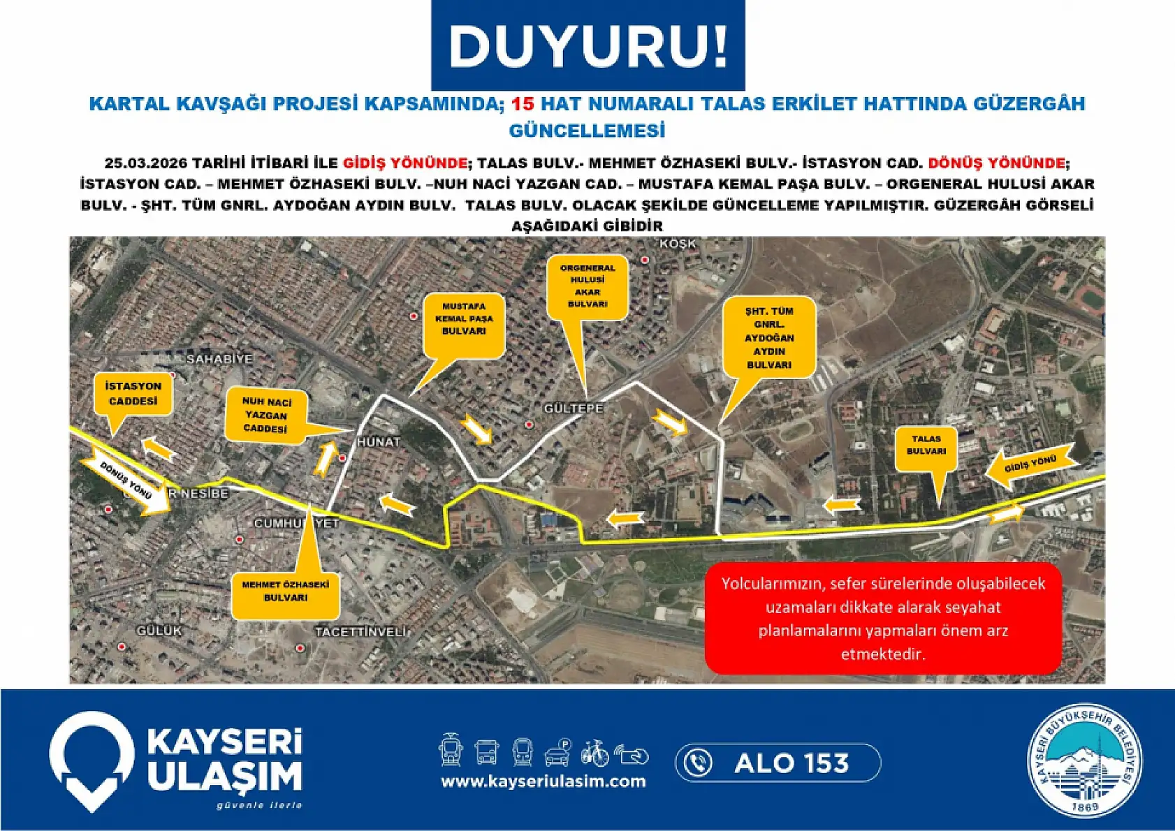 Güzergahlar baştan sona değişti: Kayseri'de toplu ulaşıma Kartal Kavşağı düzenlemesi (25 Mart 2026)