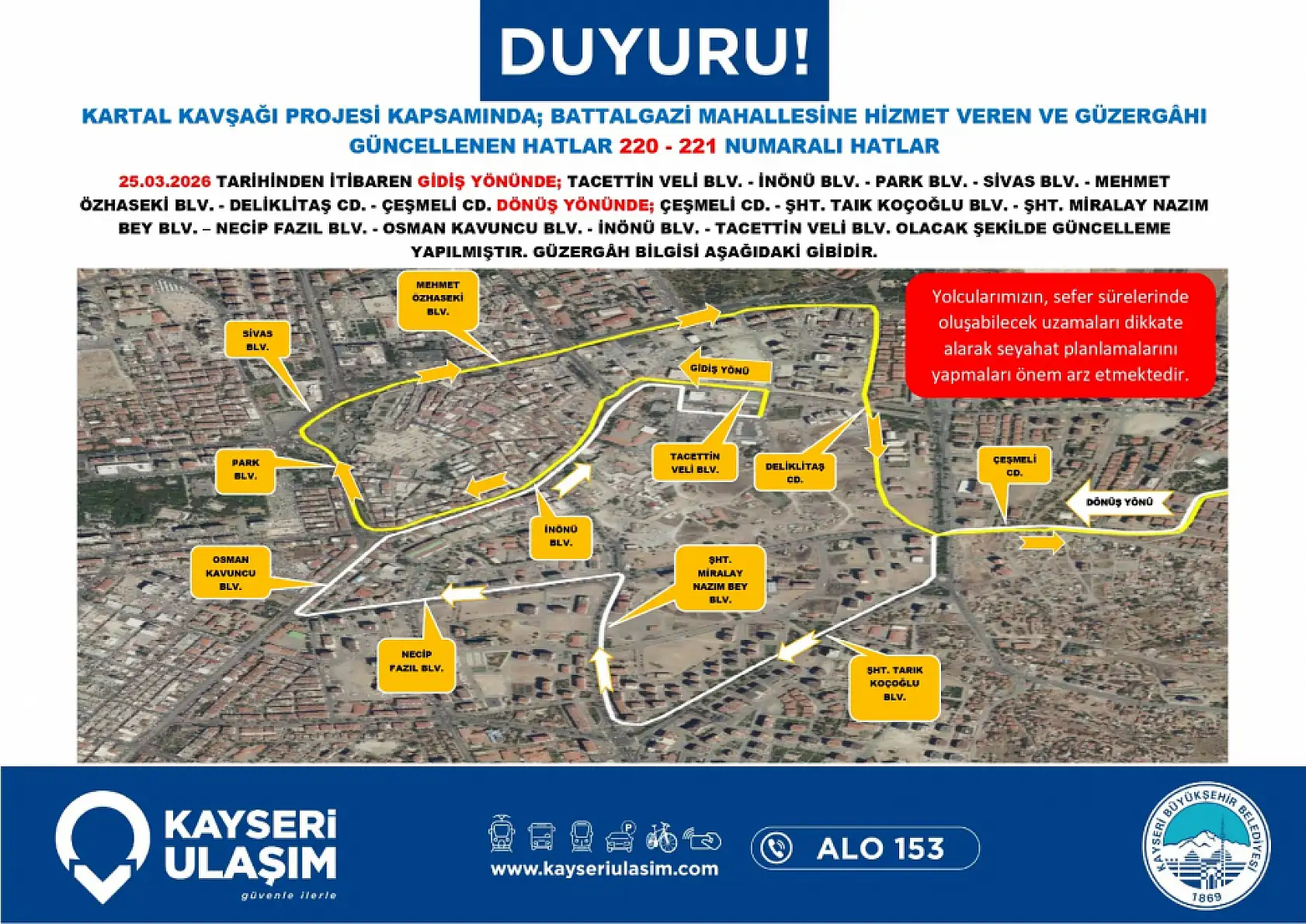 Güzergahlar baştan sona değişti: Kayseri'de toplu ulaşıma Kartal Kavşağı düzenlemesi (25 Mart 2026)