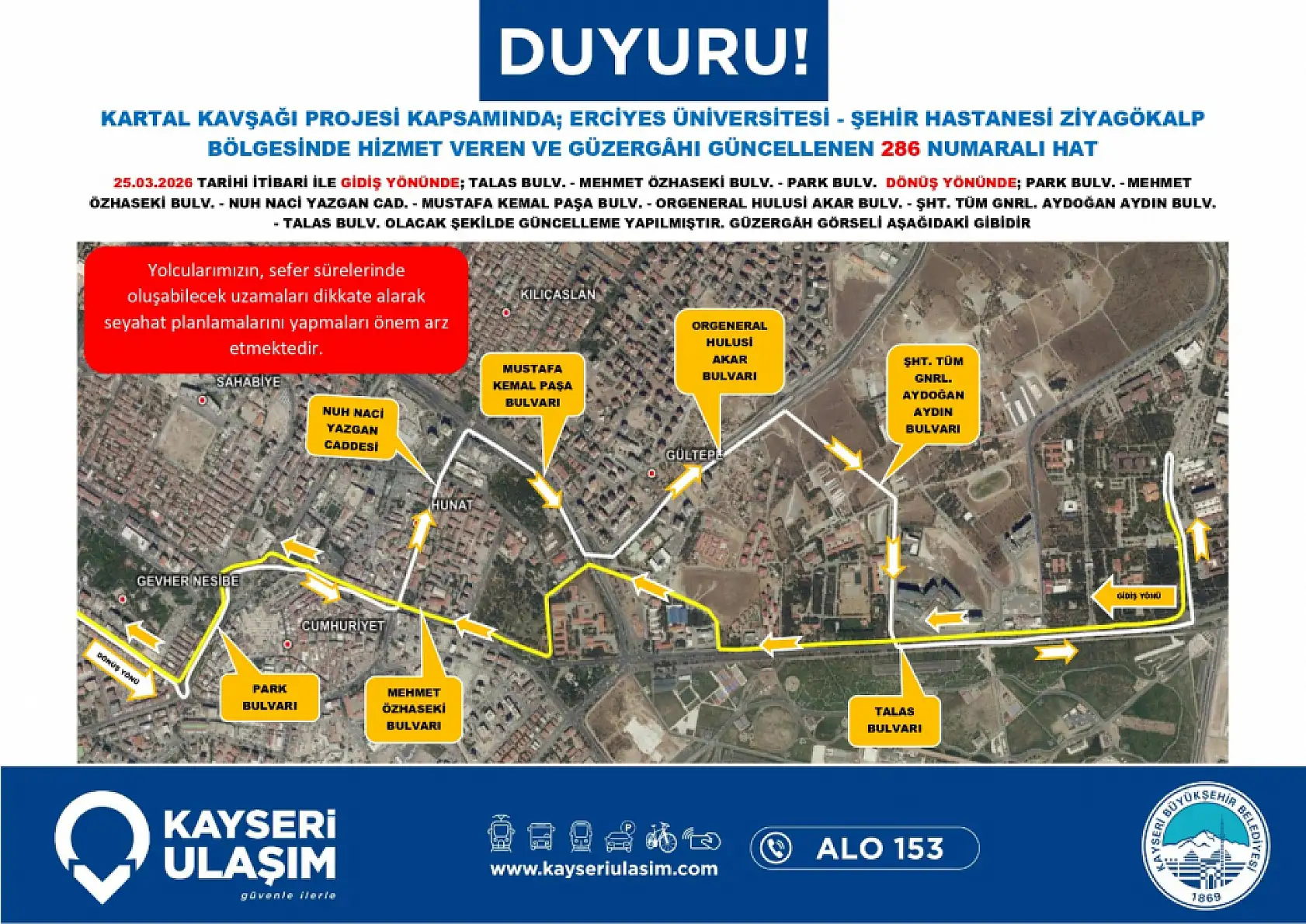 Güzergahlar baştan sona değişti: Kayseri'de toplu ulaşıma Kartal Kavşağı düzenlemesi (25 Mart 2026)