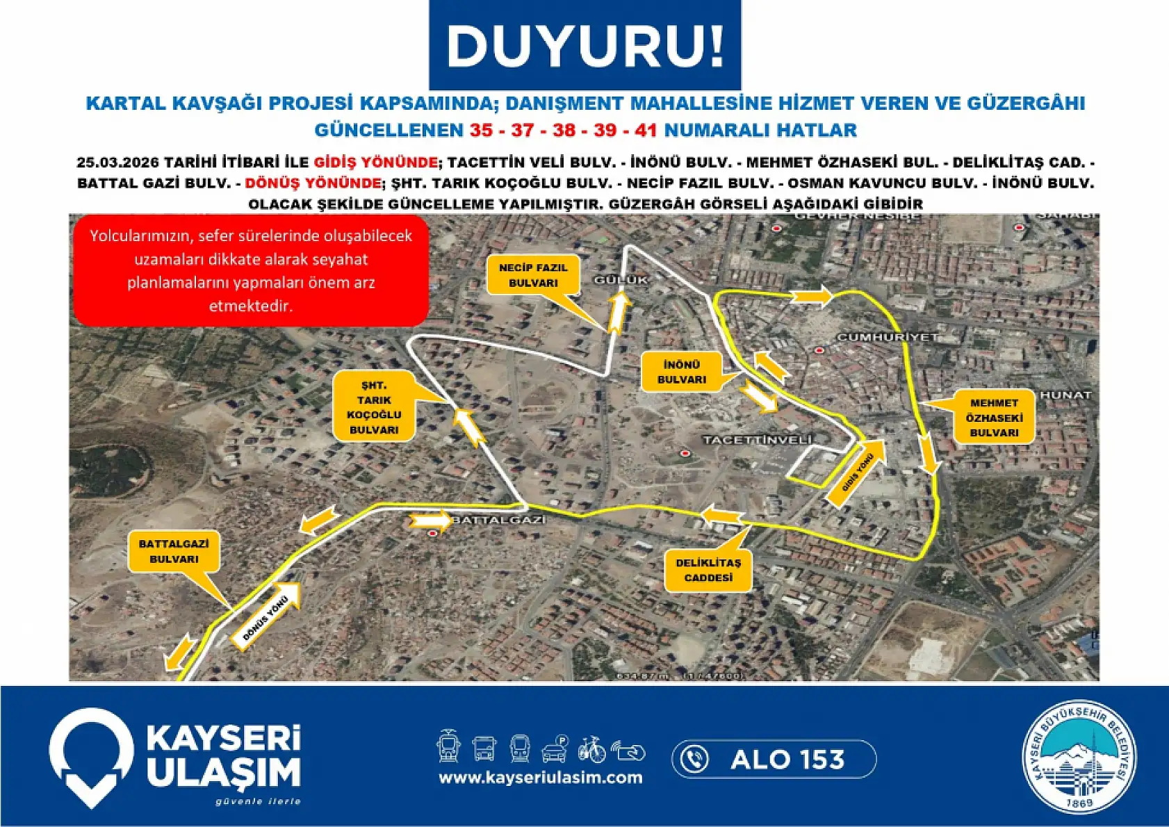 Güzergahlar baştan sona değişti: Kayseri'de toplu ulaşıma Kartal Kavşağı düzenlemesi (25 Mart 2026)