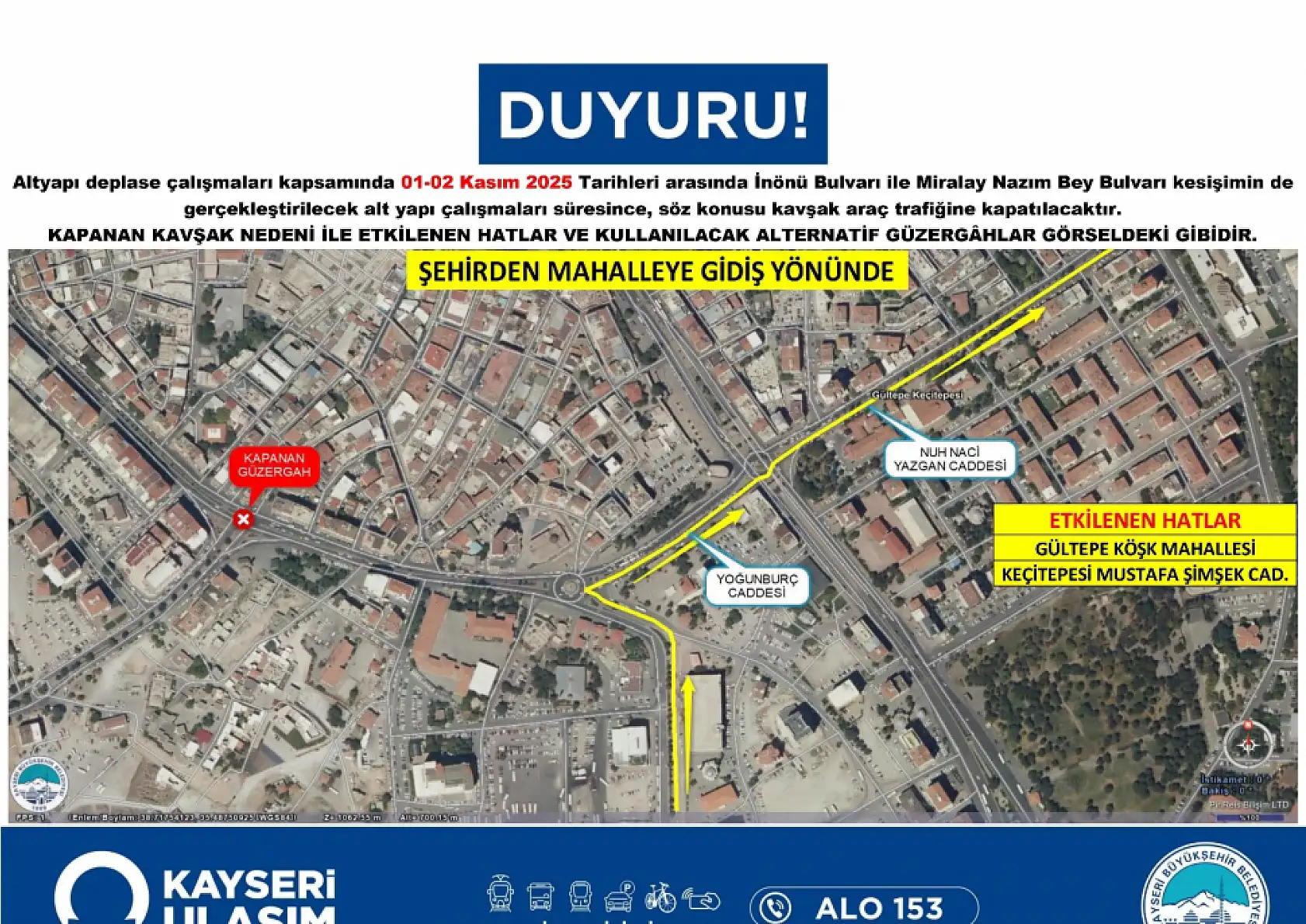 Kayseri'de Düvenönü trafiğe kapatılıyor: Otobüs güzergahlarında kritik değişiklik (1-2 Kasım 2025)