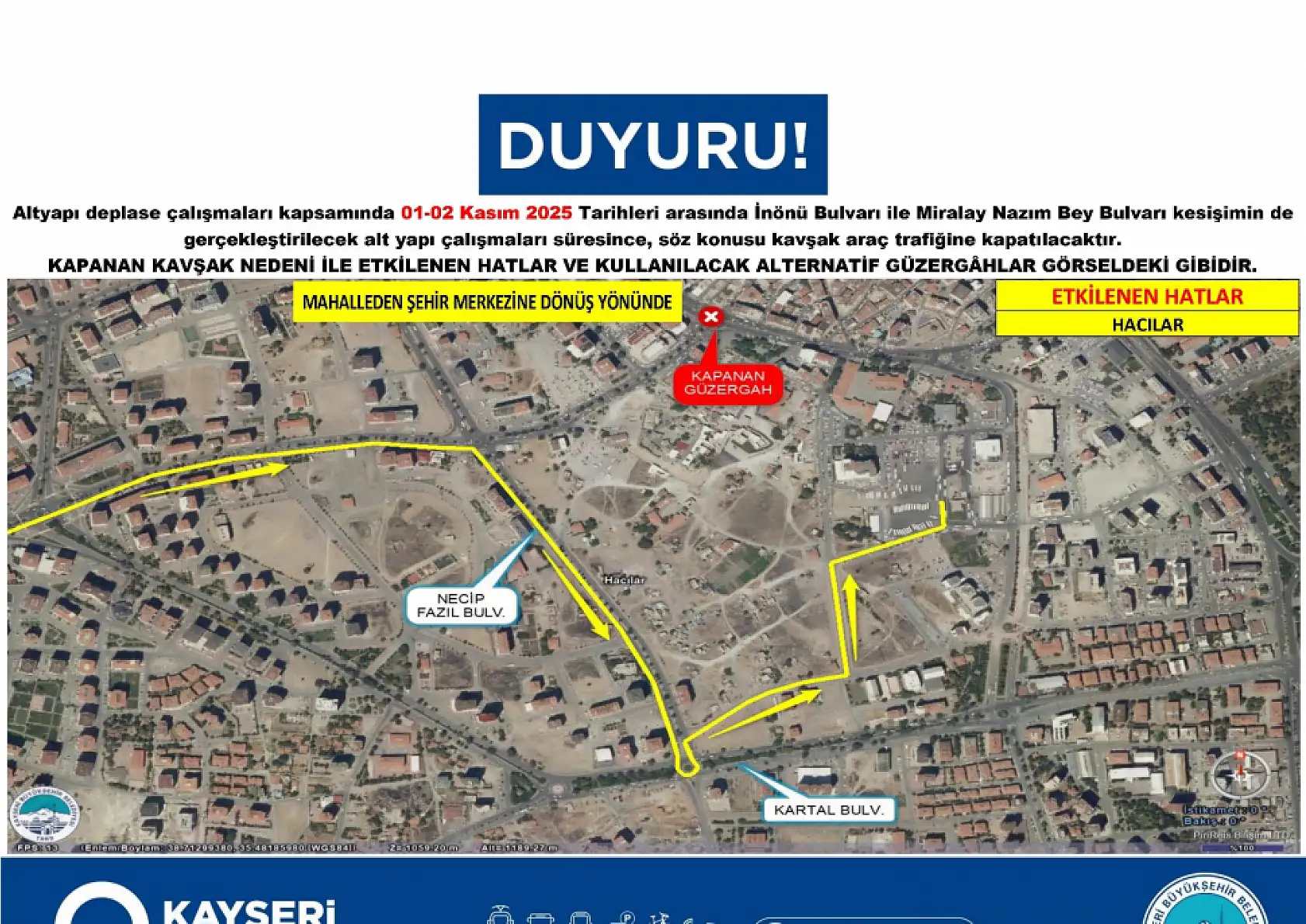 Kayseri'de Düvenönü trafiğe kapatılıyor: Otobüs güzergahlarında kritik değişiklik (1-2 Kasım 2025)