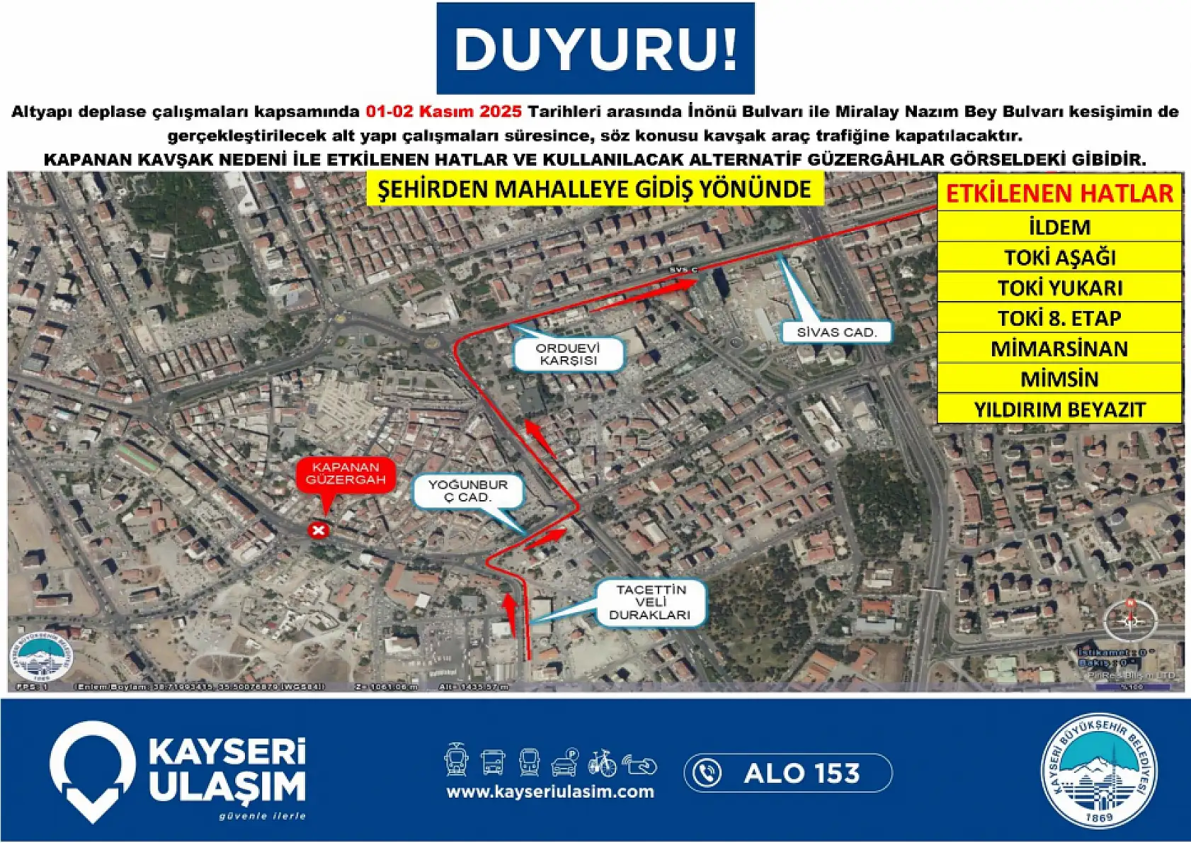 Kayseri'de Düvenönü trafiğe kapatılıyor: Otobüs güzergahlarında kritik değişiklik (1-2 Kasım 2025)