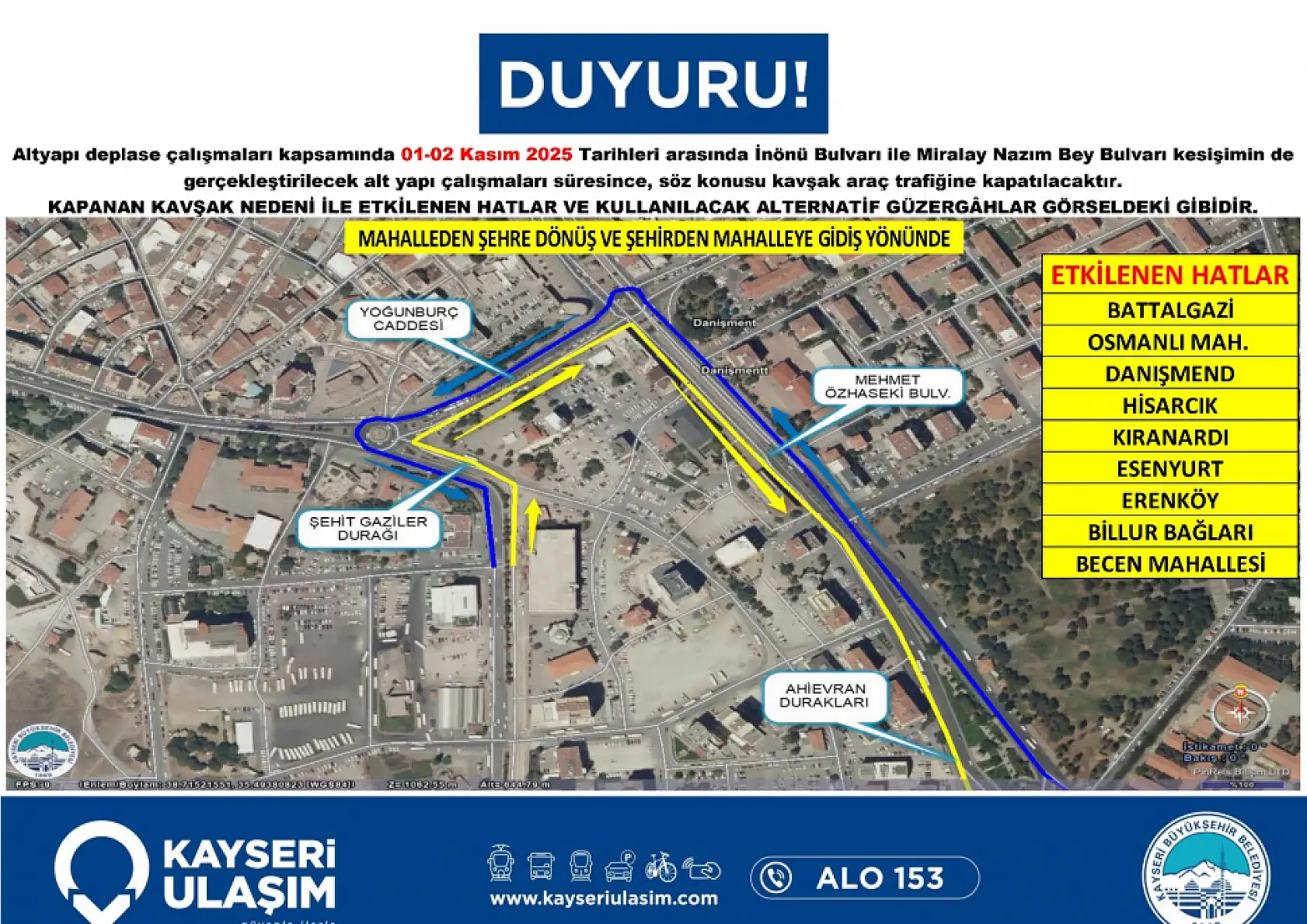 Kayseri'de Düvenönü trafiğe kapatılıyor: Otobüs güzergahlarında kritik değişiklik (1-2 Kasım 2025)
