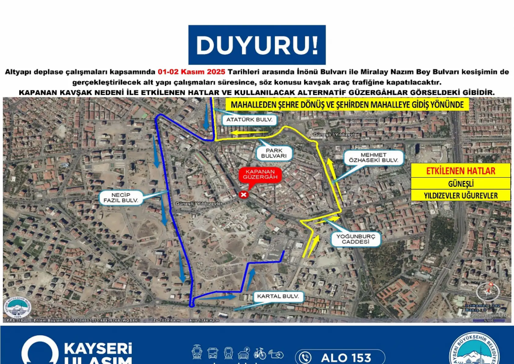 Kayseri'de Düvenönü trafiğe kapatılıyor: Otobüs güzergahlarında kritik değişiklik (1-2 Kasım 2025)