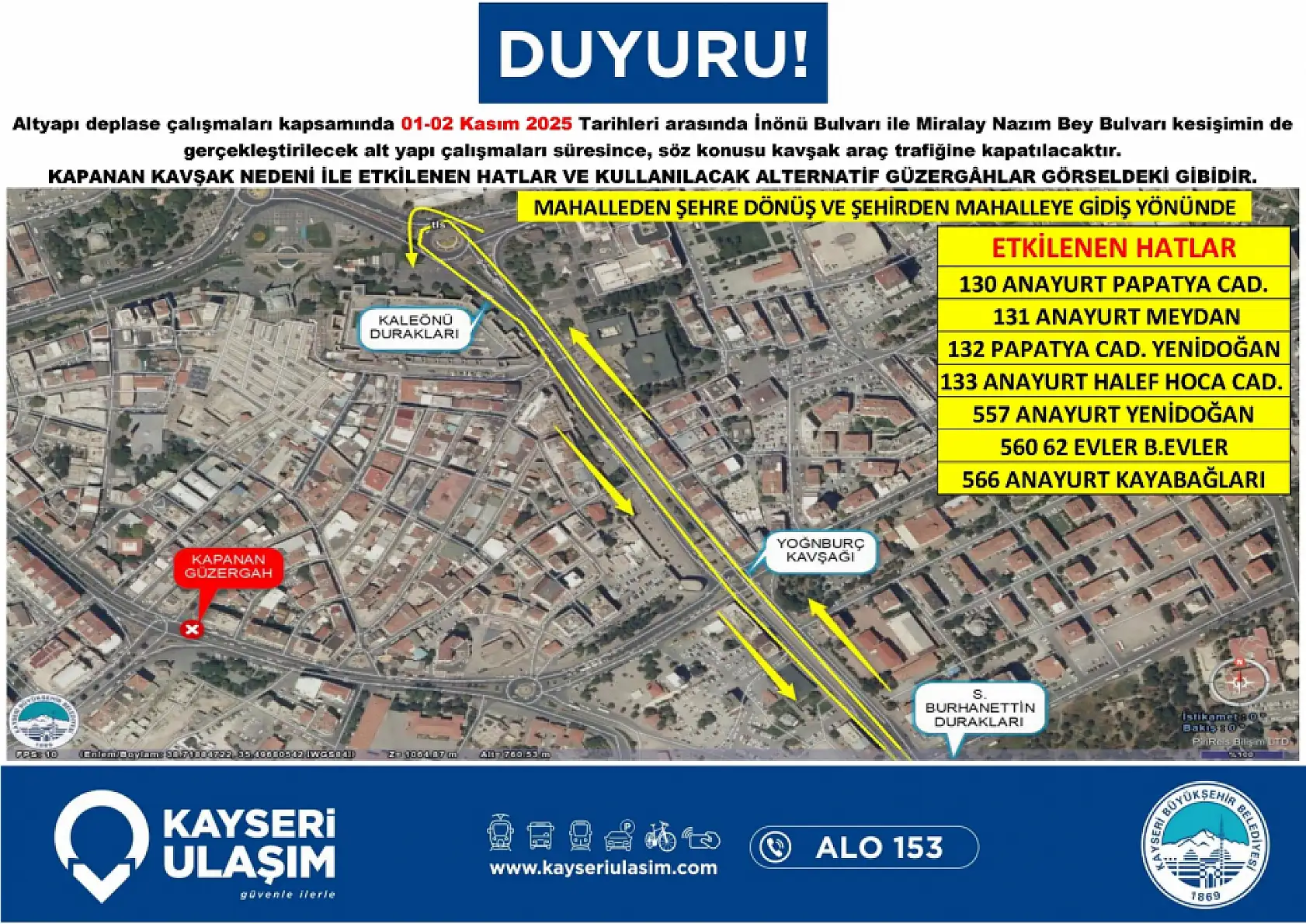 Kayseri'de Düvenönü trafiğe kapatılıyor: Otobüs güzergahlarında kritik değişiklik (1-2 Kasım 2025)