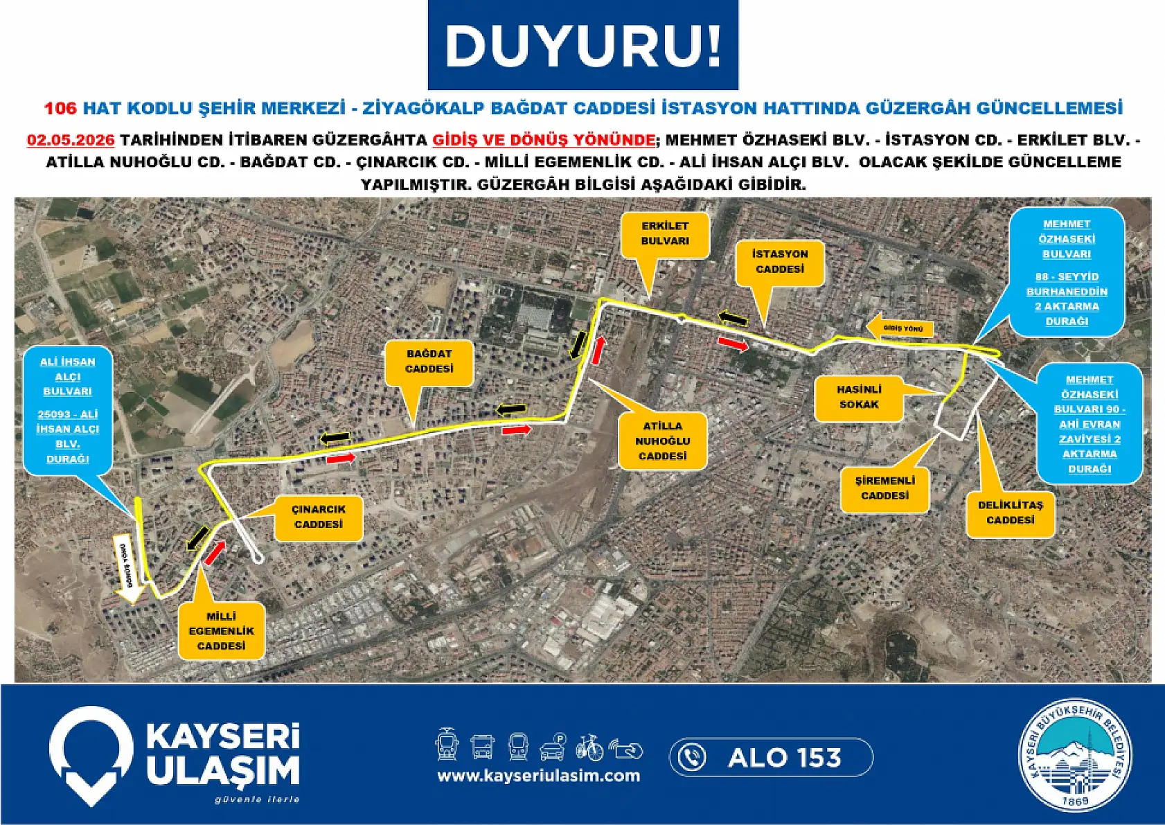 Kayseri'de 2 Mayıs Cumartesi günü itibariyle çok sayıda otobüs güzergahı ve sefer saatinde değişikliğe gidildi!