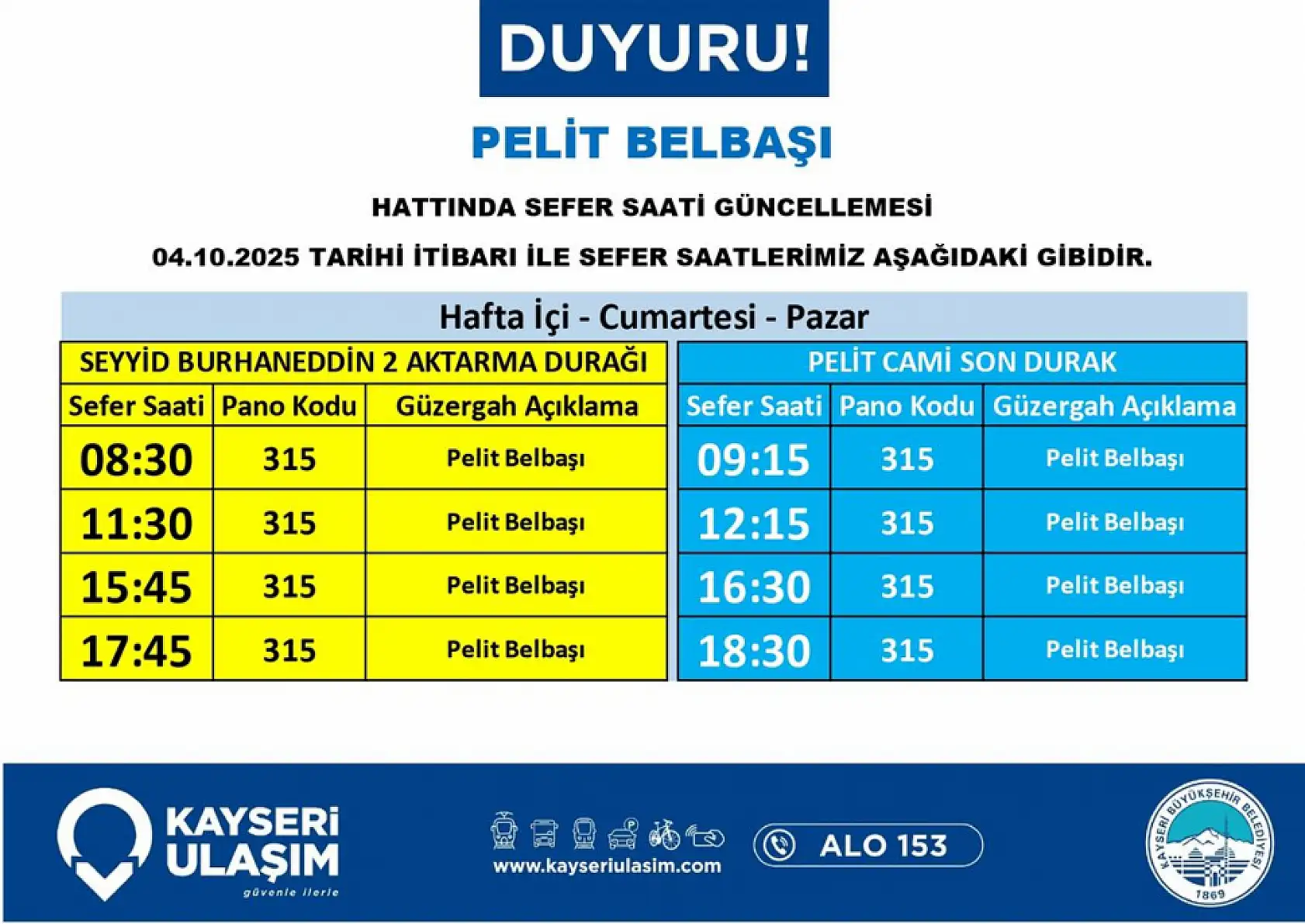 Kayseri'de 12 otobüs hattında sefer saati ve güzergah değişikliği gerçekleştirildi!