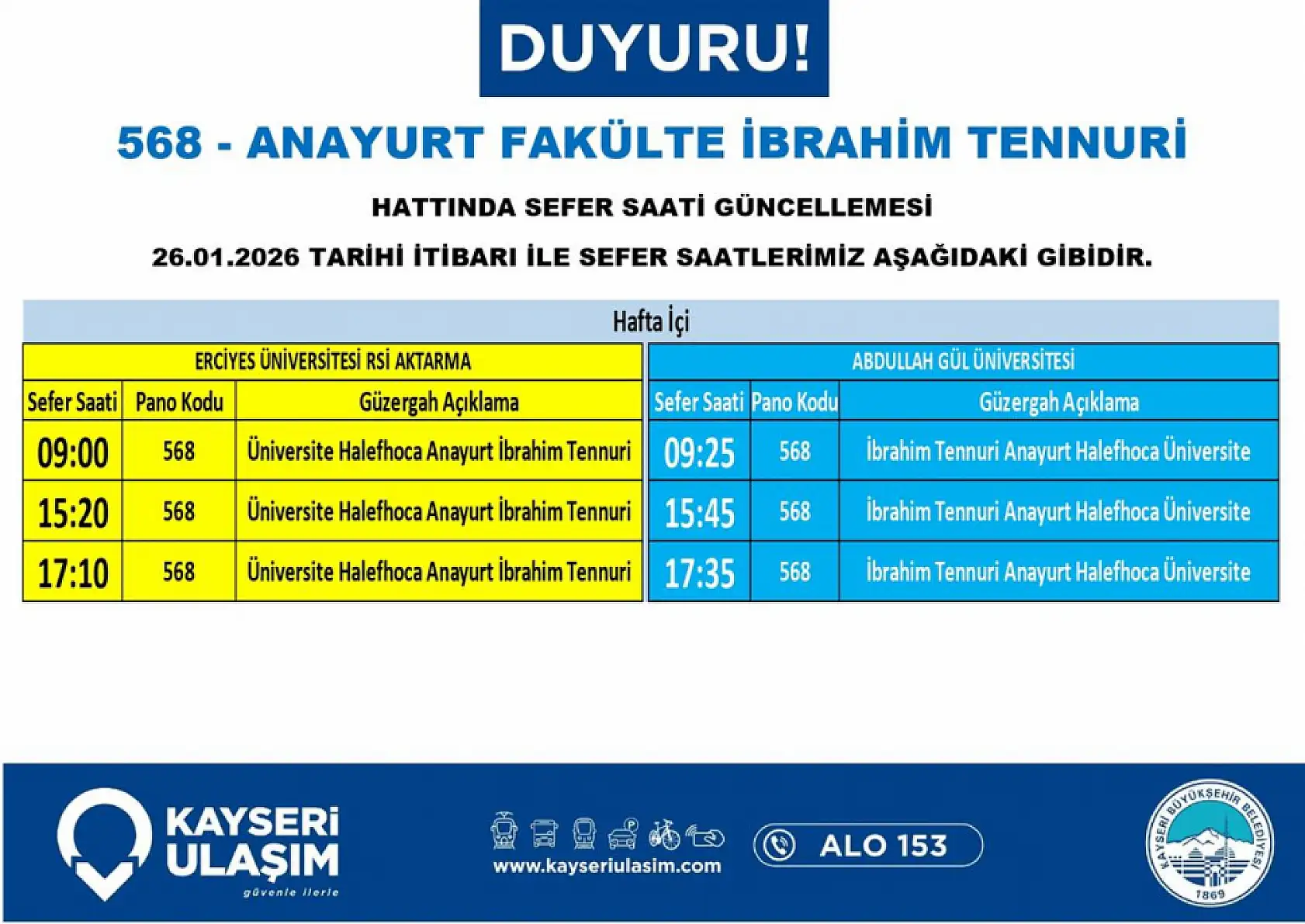 Kayseri'de 24 Ocak Cumartesi itibariyle geçerli yeni düzenleme: Otobüs güzergah ve sefer saatleri değişti!