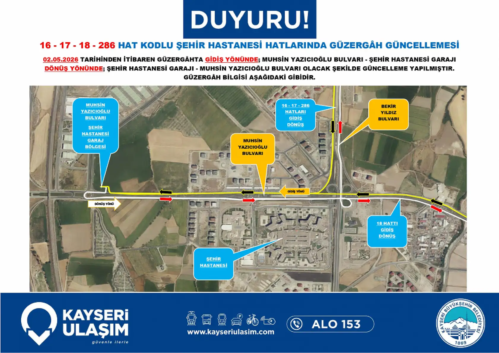 Kayseri'de 2 Mayıs Cumartesi günü itibariyle çok sayıda otobüs güzergahı ve sefer saatinde değişikliğe gidildi!