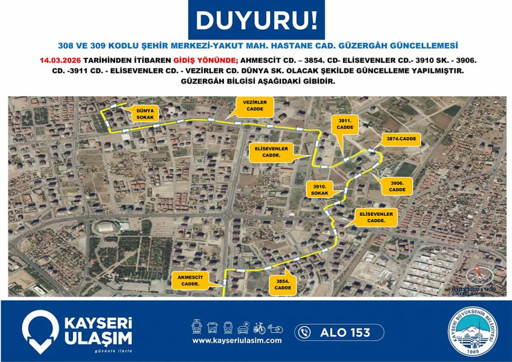 Kayseri'de 14 Mart Cumartesi itibariyle geçerli yeni düzenleme: Hangi otobüslerin güzergahı değişti?