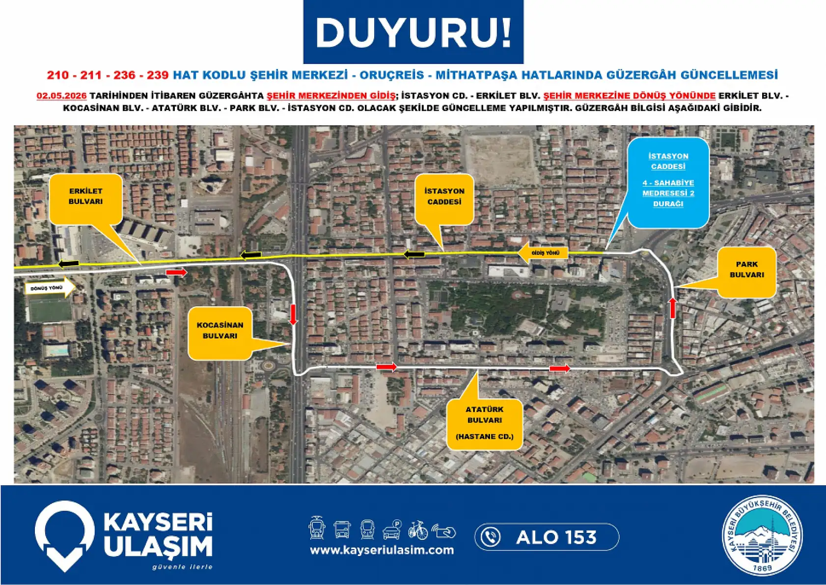 Kayseri'de 2 Mayıs Cumartesi günü itibariyle çok sayıda otobüs güzergahı ve sefer saatinde değişikliğe gidildi!