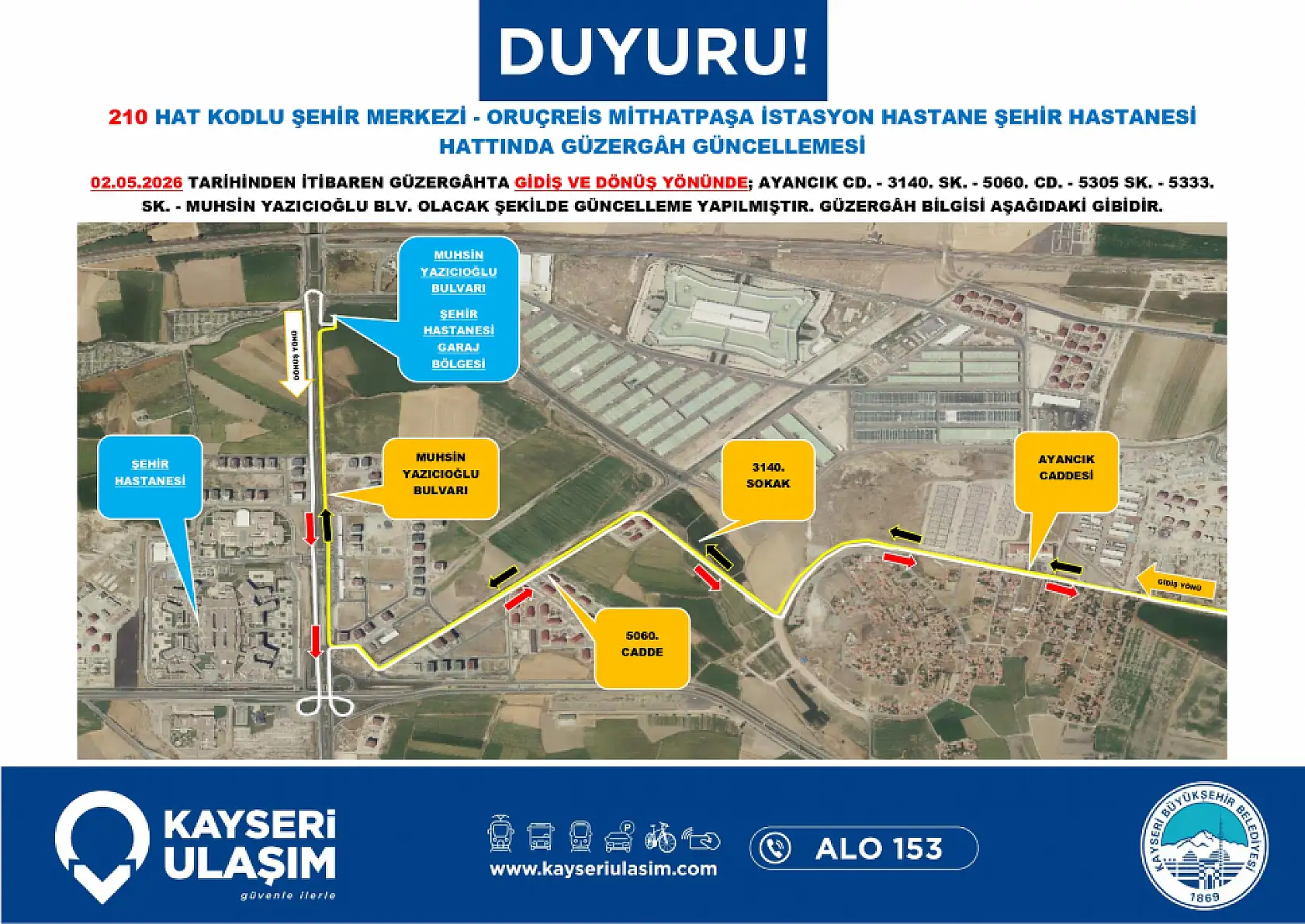 Kayseri'de 2 Mayıs Cumartesi günü itibariyle çok sayıda otobüs güzergahı ve sefer saatinde değişikliğe gidildi!