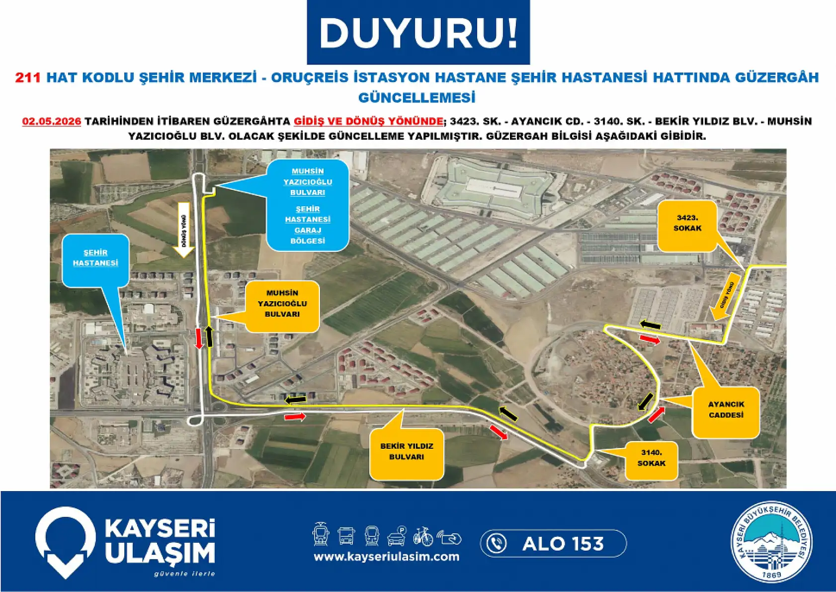 Kayseri'de 2 Mayıs Cumartesi günü itibariyle çok sayıda otobüs güzergahı ve sefer saatinde değişikliğe gidildi!