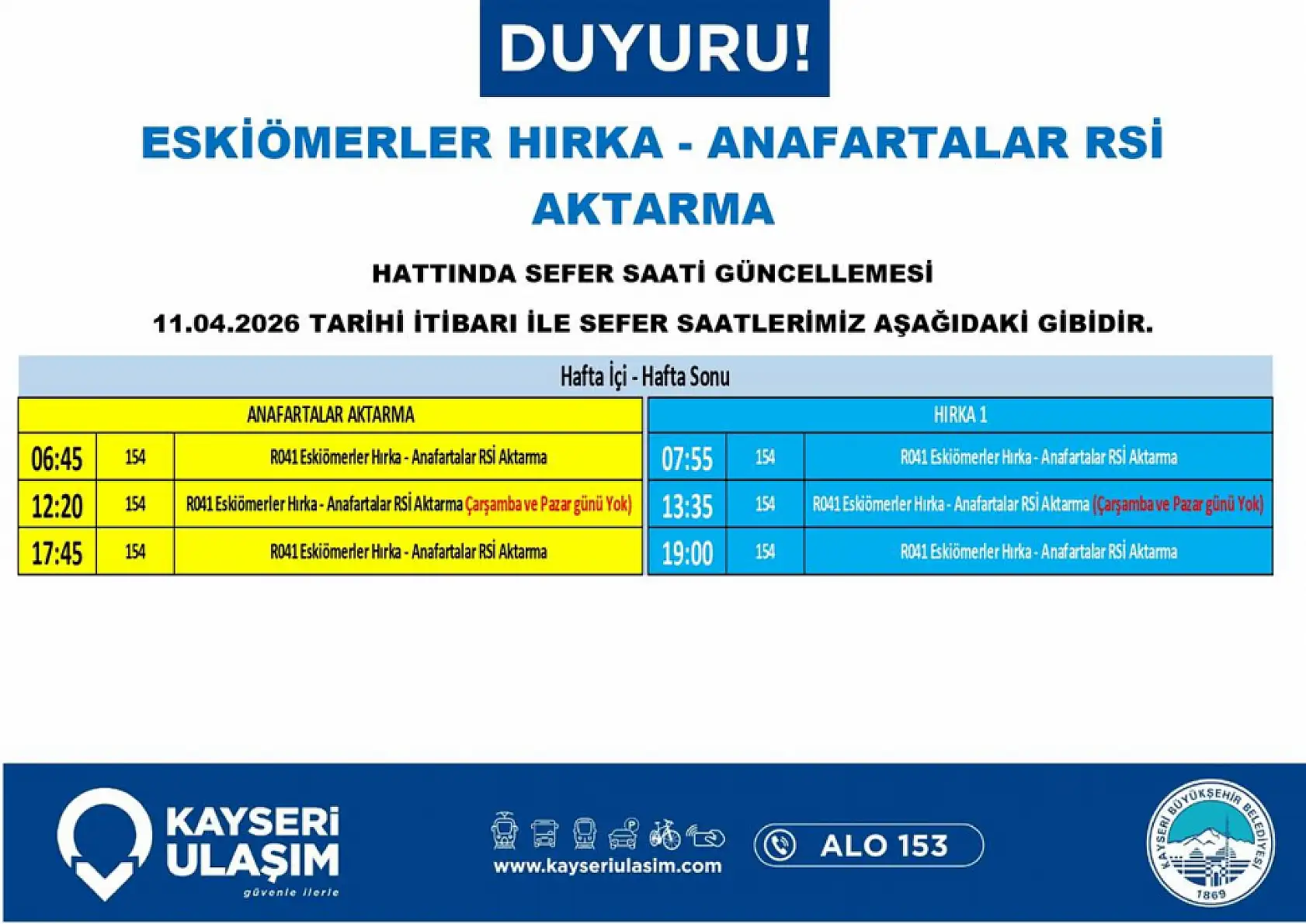 Kayseri'de 11 Nisan Cumartesi itibariyle geçerli yeni düzenleme: Hangi otobüslerin güzergahı değişti?