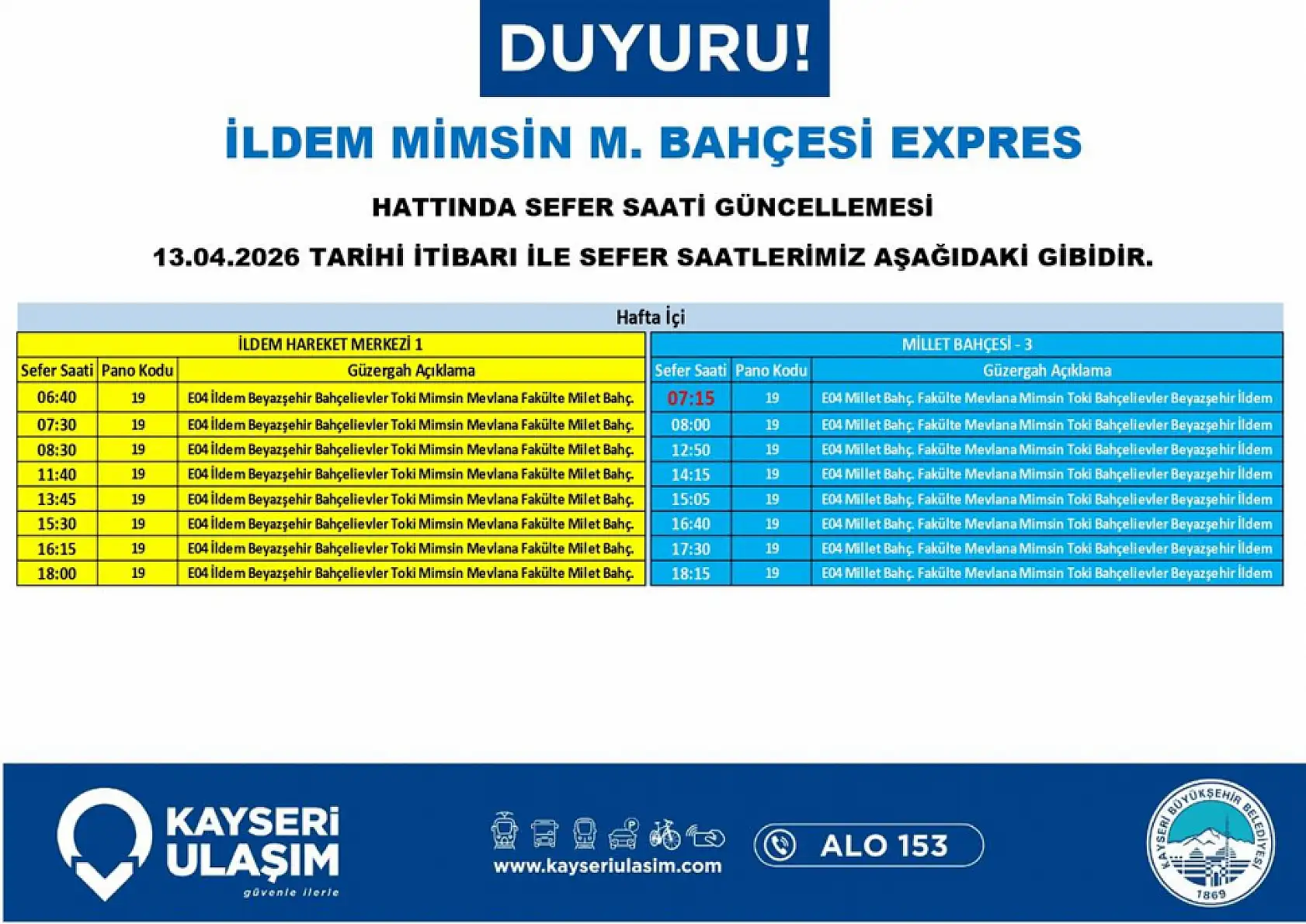 Kayseri'de 11 Nisan Cumartesi itibariyle geçerli yeni düzenleme: Hangi otobüslerin güzergahı değişti?