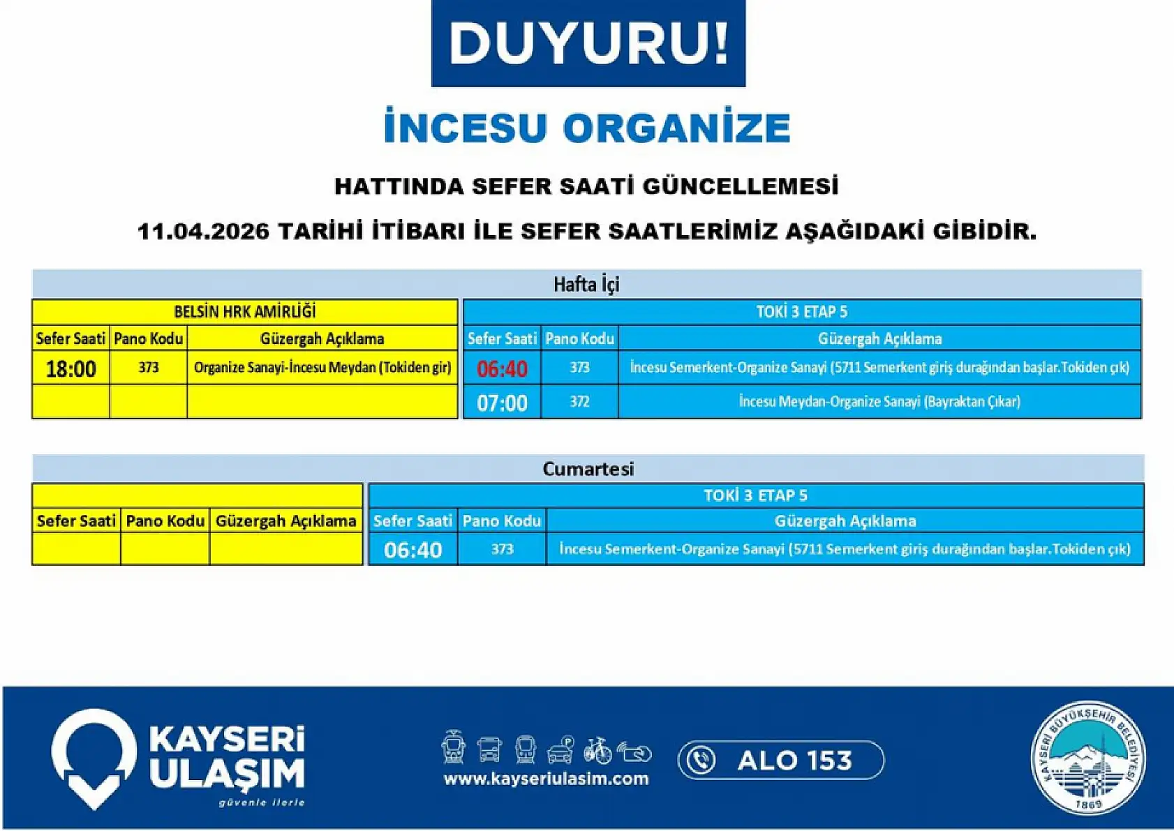 Kayseri'de 11 Nisan Cumartesi itibariyle geçerli yeni düzenleme: Hangi otobüslerin güzergahı değişti?