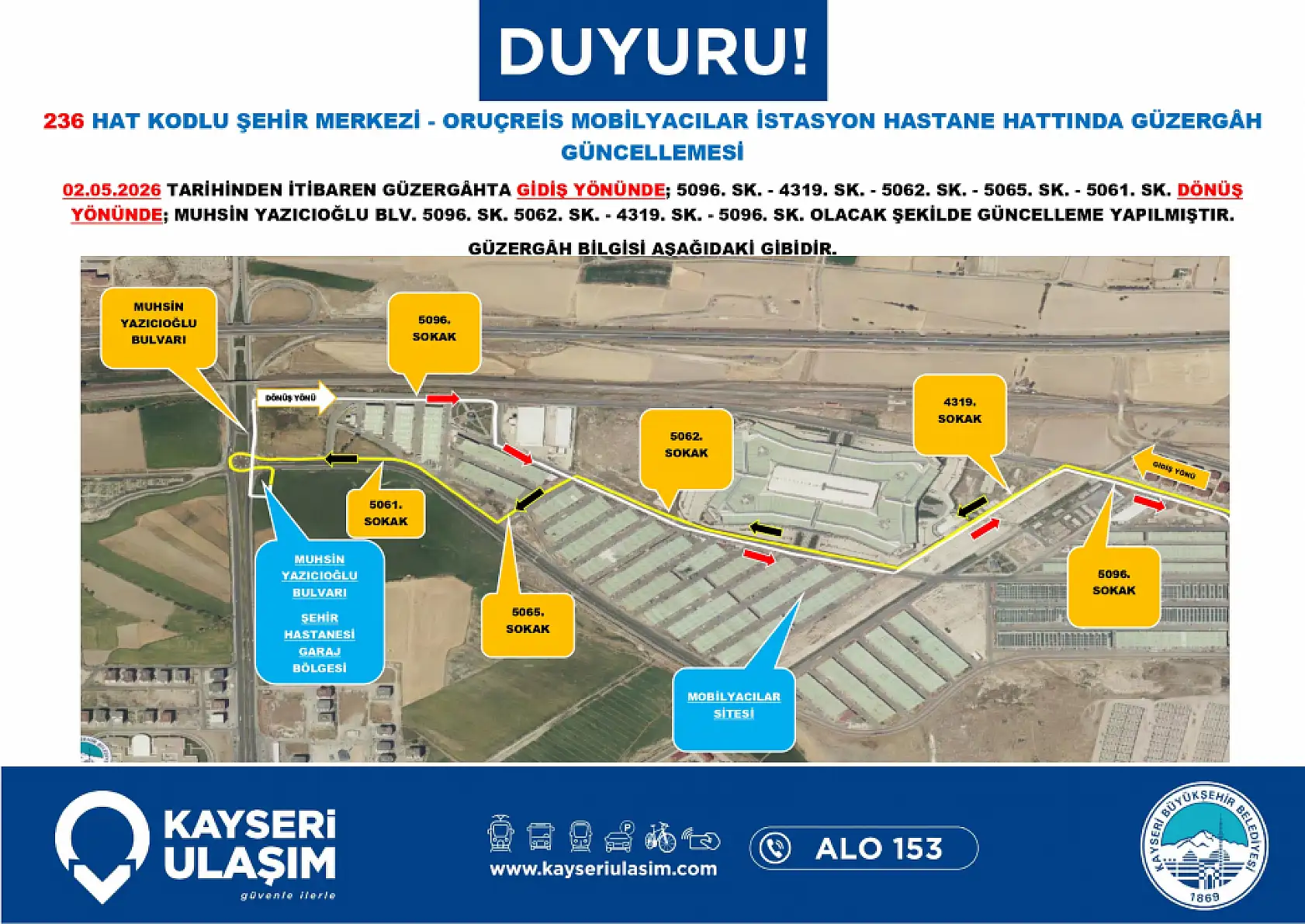 Kayseri'de 2 Mayıs Cumartesi günü itibariyle çok sayıda otobüs güzergahı ve sefer saatinde değişikliğe gidildi!
