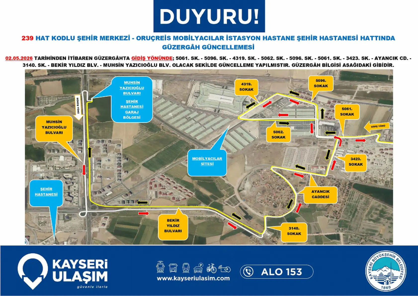 Kayseri'de 2 Mayıs Cumartesi günü itibariyle çok sayıda otobüs güzergahı ve sefer saatinde değişikliğe gidildi!
