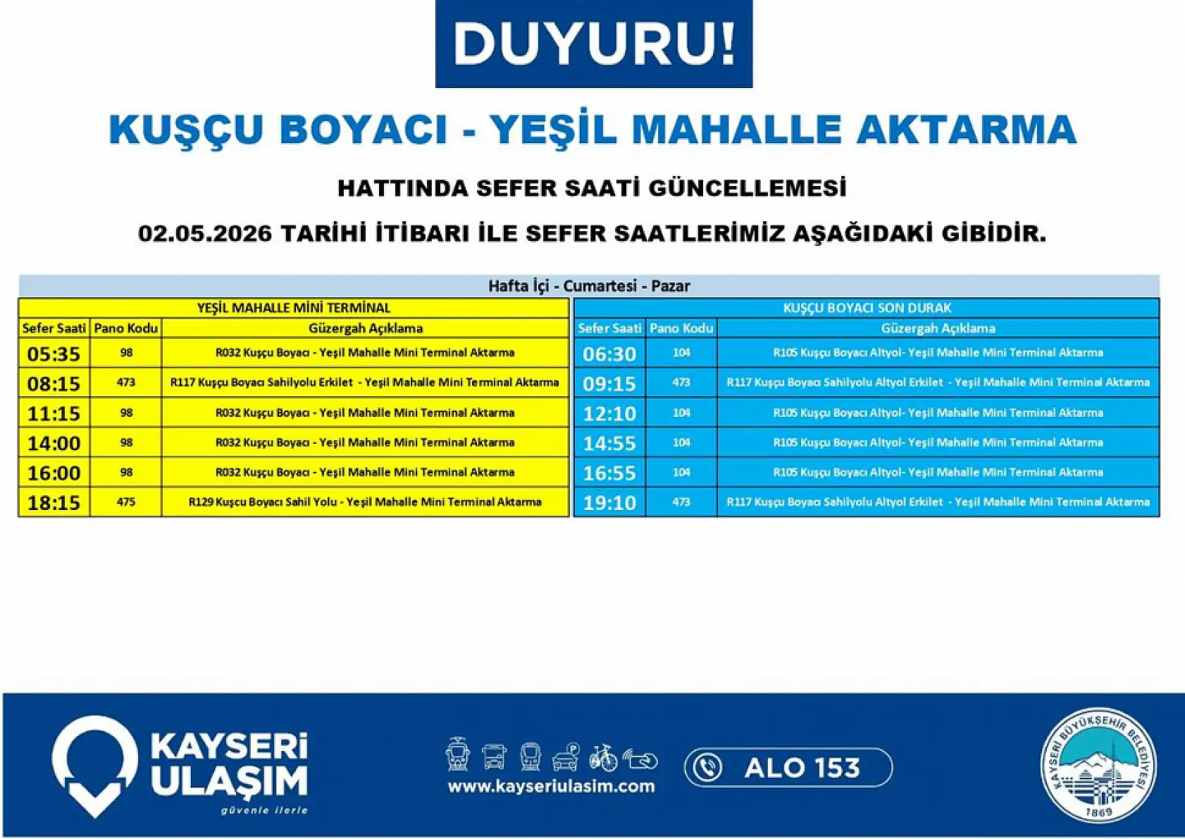 Kayseri'de 2 Mayıs Cumartesi günü itibariyle çok sayıda otobüs güzergahı ve sefer saatinde değişikliğe gidildi!