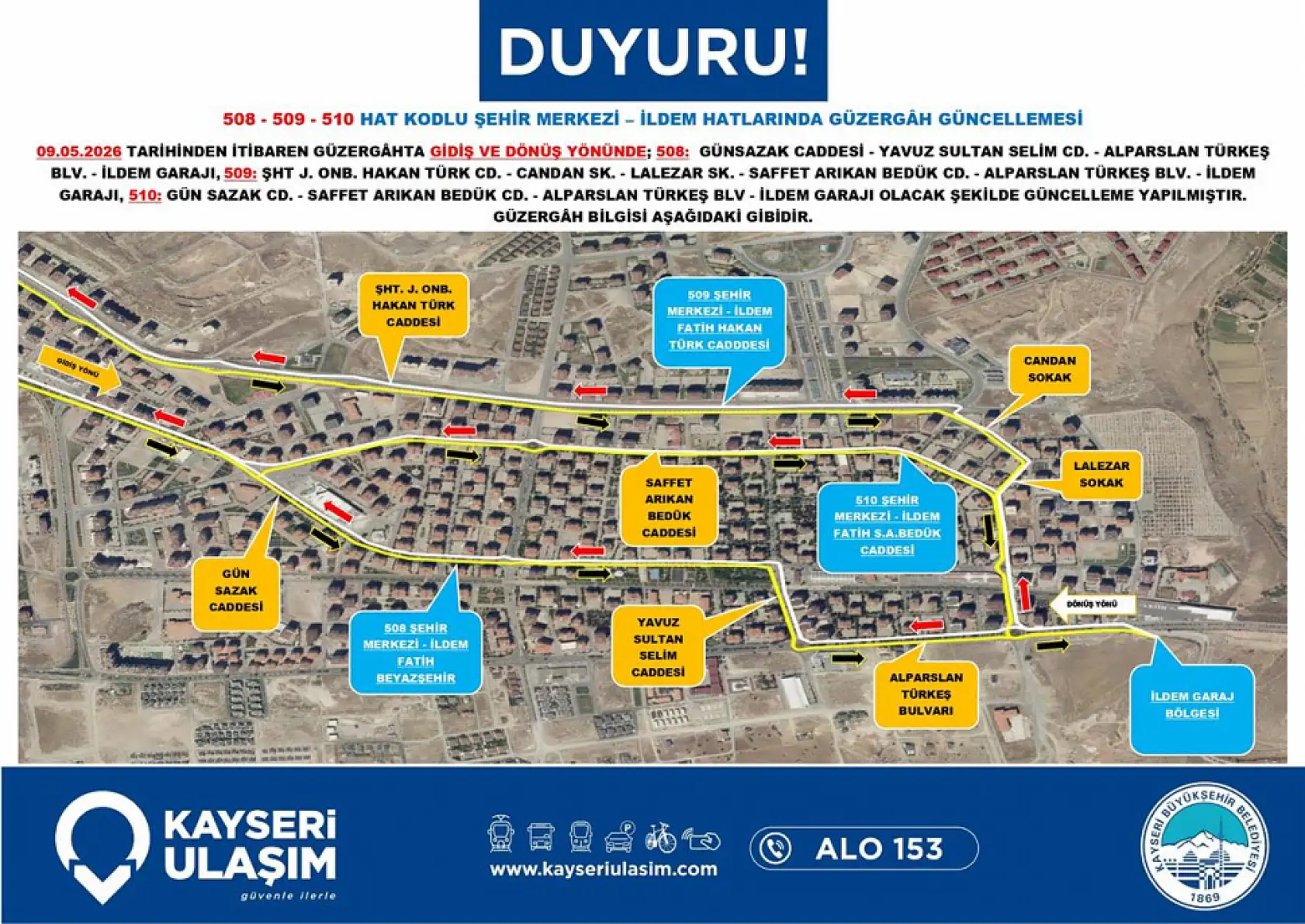 Kayseri'de 9 Mayıs Cumartesi günü itibariyle çok sayıda otobüs güzergahı ve sefer saatinde değişikliğe gidildi!
