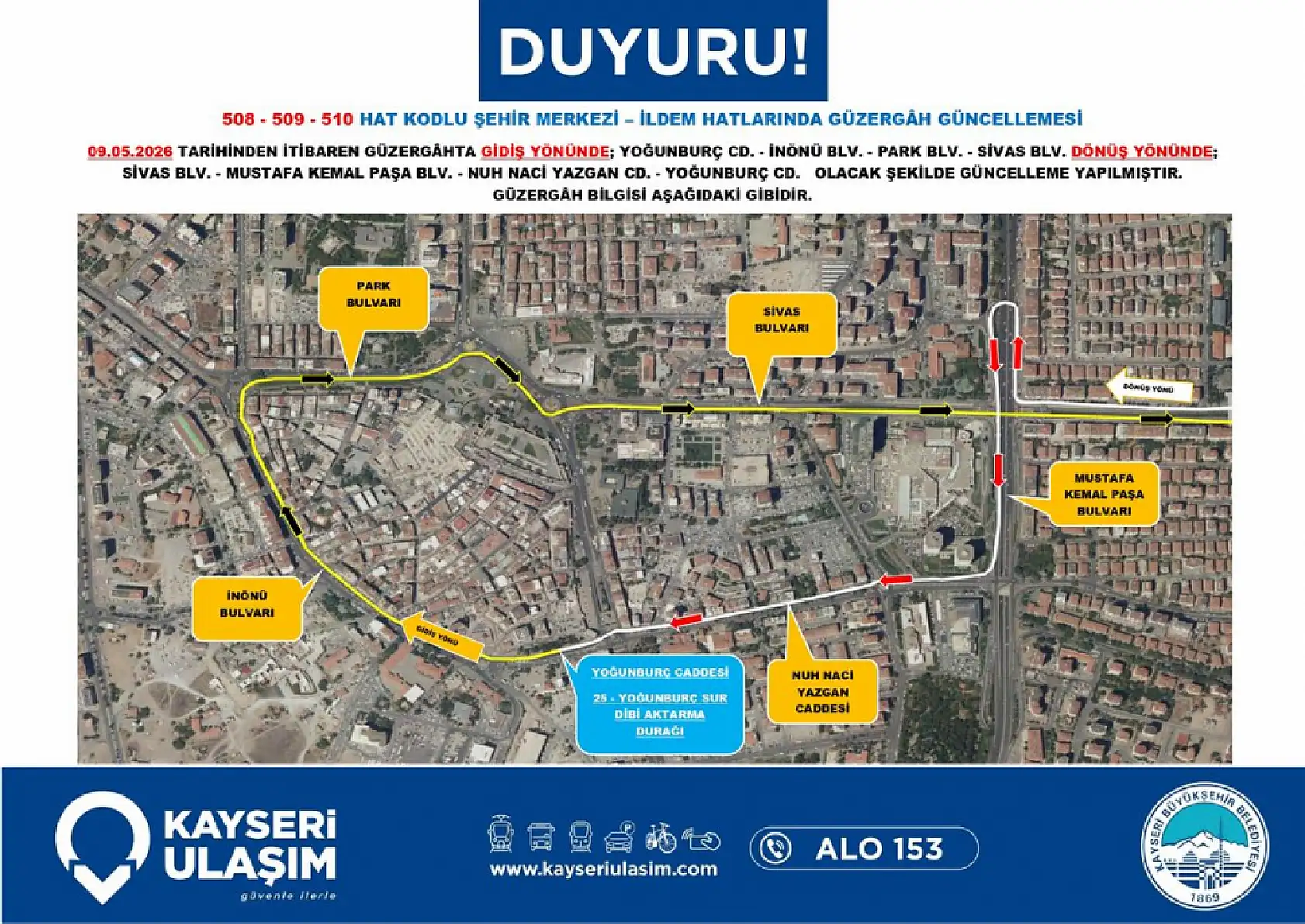 Kayseri'de 9 Mayıs Cumartesi günü itibariyle çok sayıda otobüs güzergahı ve sefer saatinde değişikliğe gidildi!