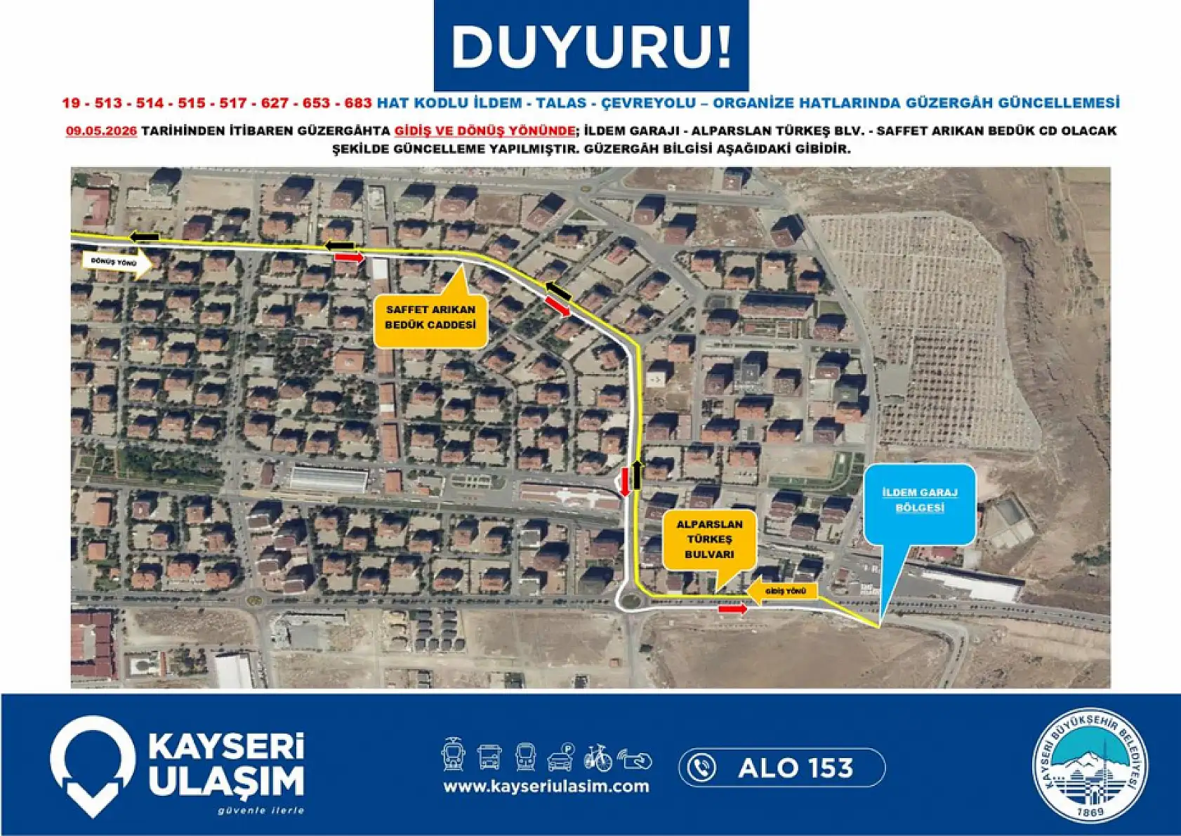 Kayseri'de 9 Mayıs Cumartesi günü itibariyle çok sayıda otobüs güzergahı ve sefer saatinde değişikliğe gidildi!