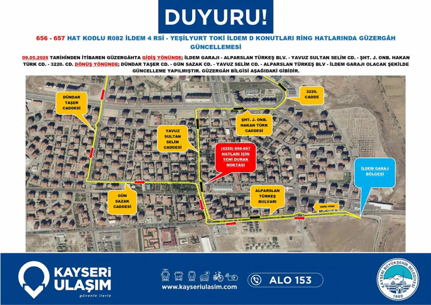 Kayseri'de 9 Mayıs Cumartesi günü itibariyle çok sayıda otobüs güzergahı ve sefer saatinde değişikliğe gidildi!
