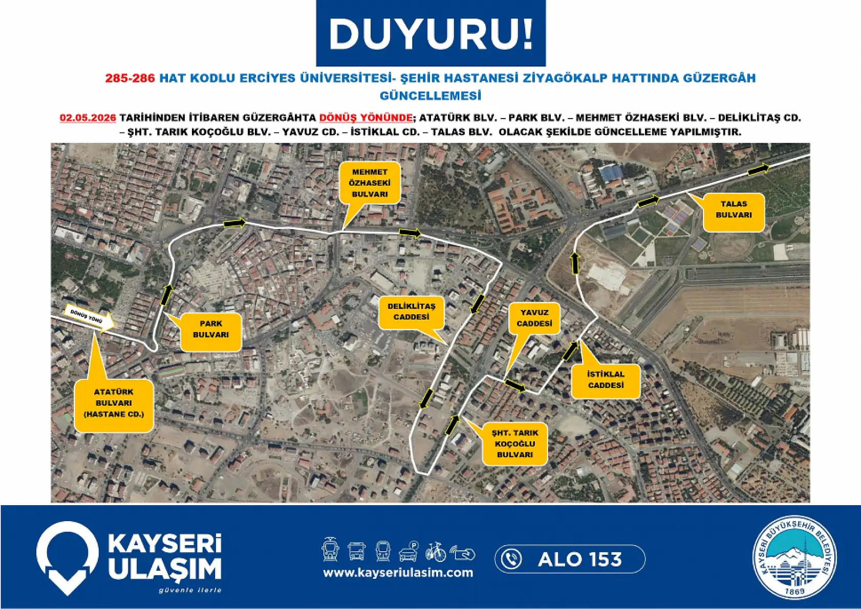 Kayseri'de 2 Mayıs Cumartesi günü itibariyle çok sayıda otobüs güzergahı ve sefer saatinde değişikliğe gidildi!