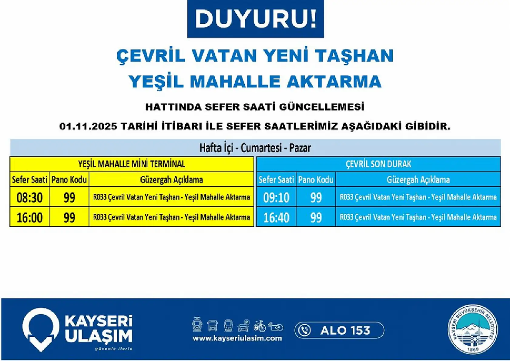Kayseri'de otobüs seferler saatleri değişti: Hangi güzergahlar etkilenecek? (1 Kasım 2025 Cumartesi)