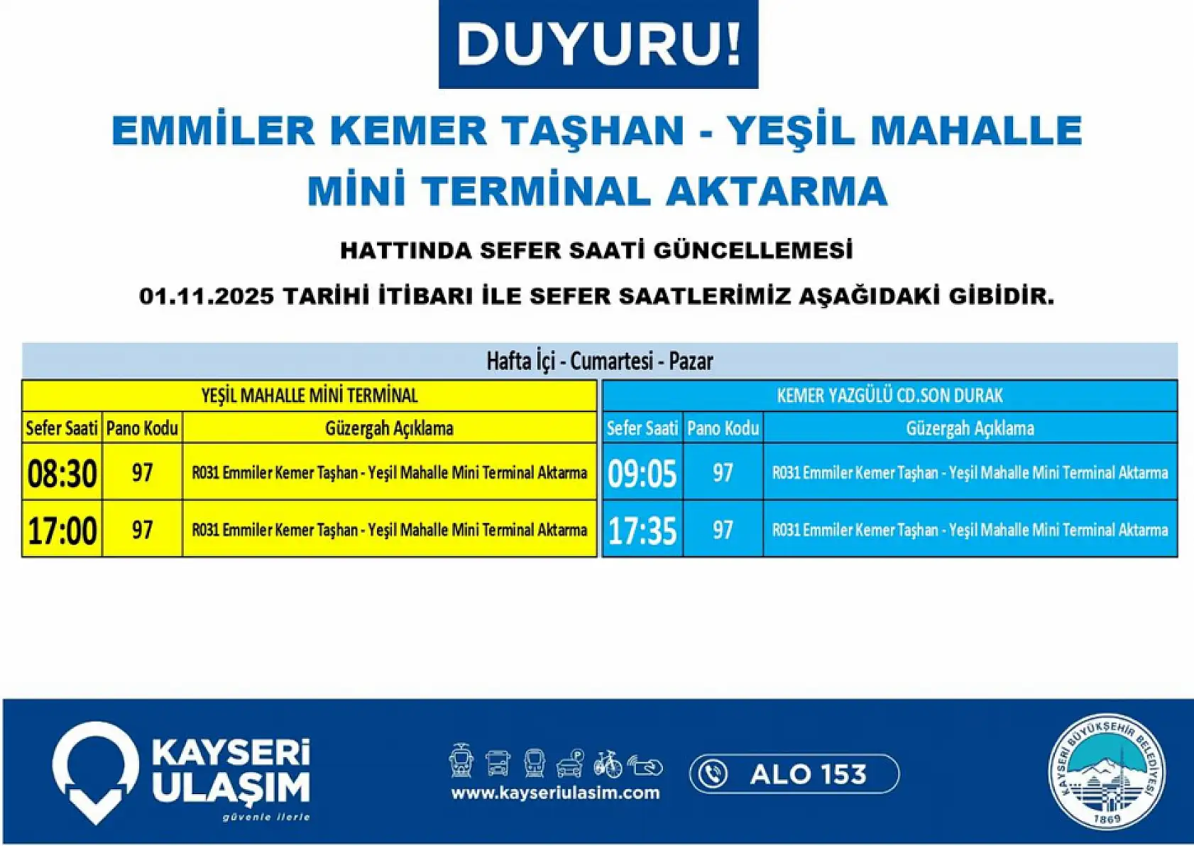 Kayseri'de otobüs seferler saatleri değişti: Hangi güzergahlar etkilenecek? (1 Kasım 2025 Cumartesi)
