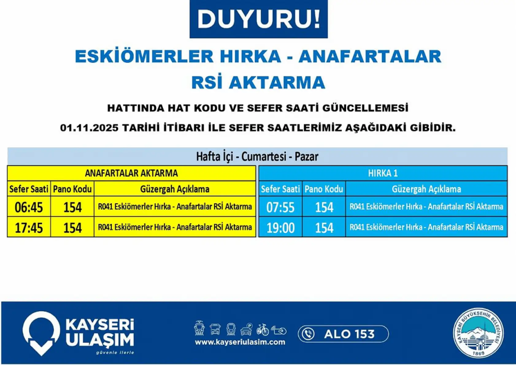 Kayseri'de otobüs seferler saatleri değişti: Hangi güzergahlar etkilenecek? (1 Kasım 2025 Cumartesi)