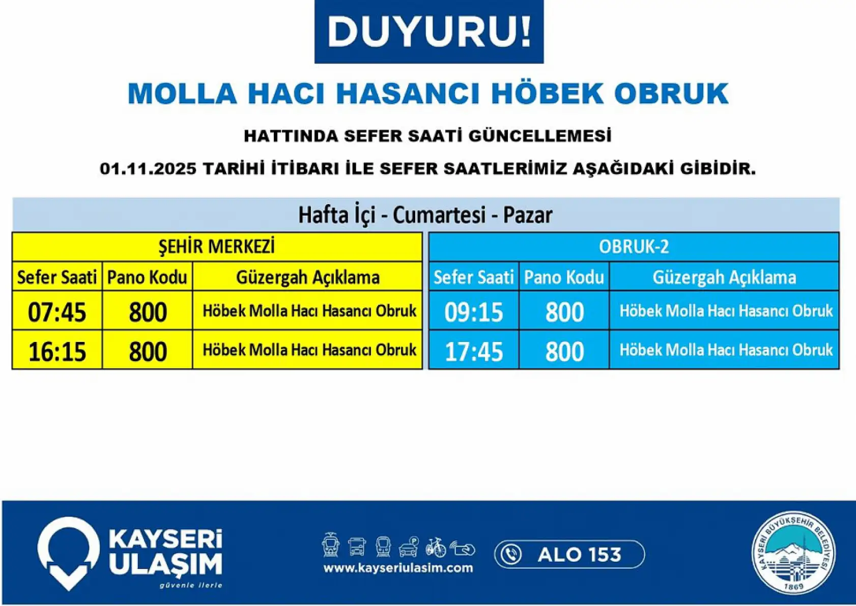 Kayseri'de otobüs seferler saatleri değişti: Hangi güzergahlar etkilenecek? (1 Kasım 2025 Cumartesi)