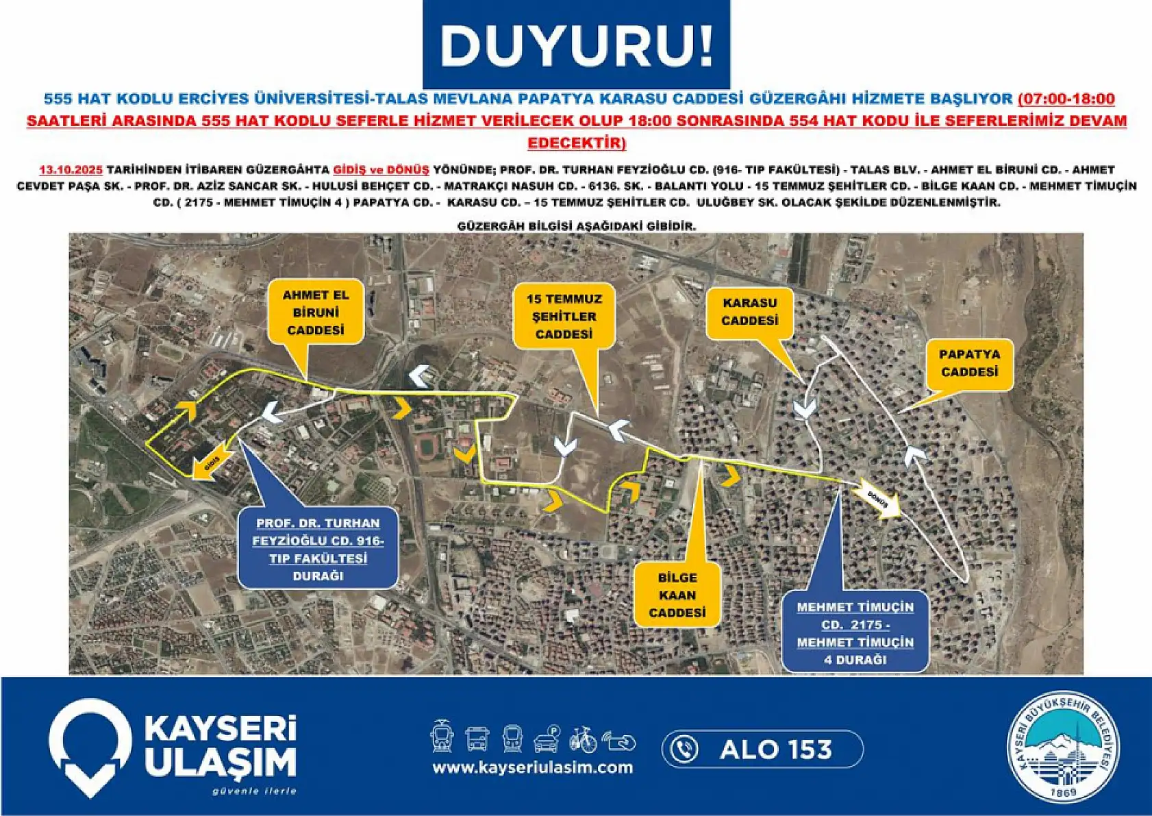 Kayseri'de toplu taşımaya iki yeni otobüs hattı: 555 ve 556 pano numaralı araçlar seferlere başlıyor!