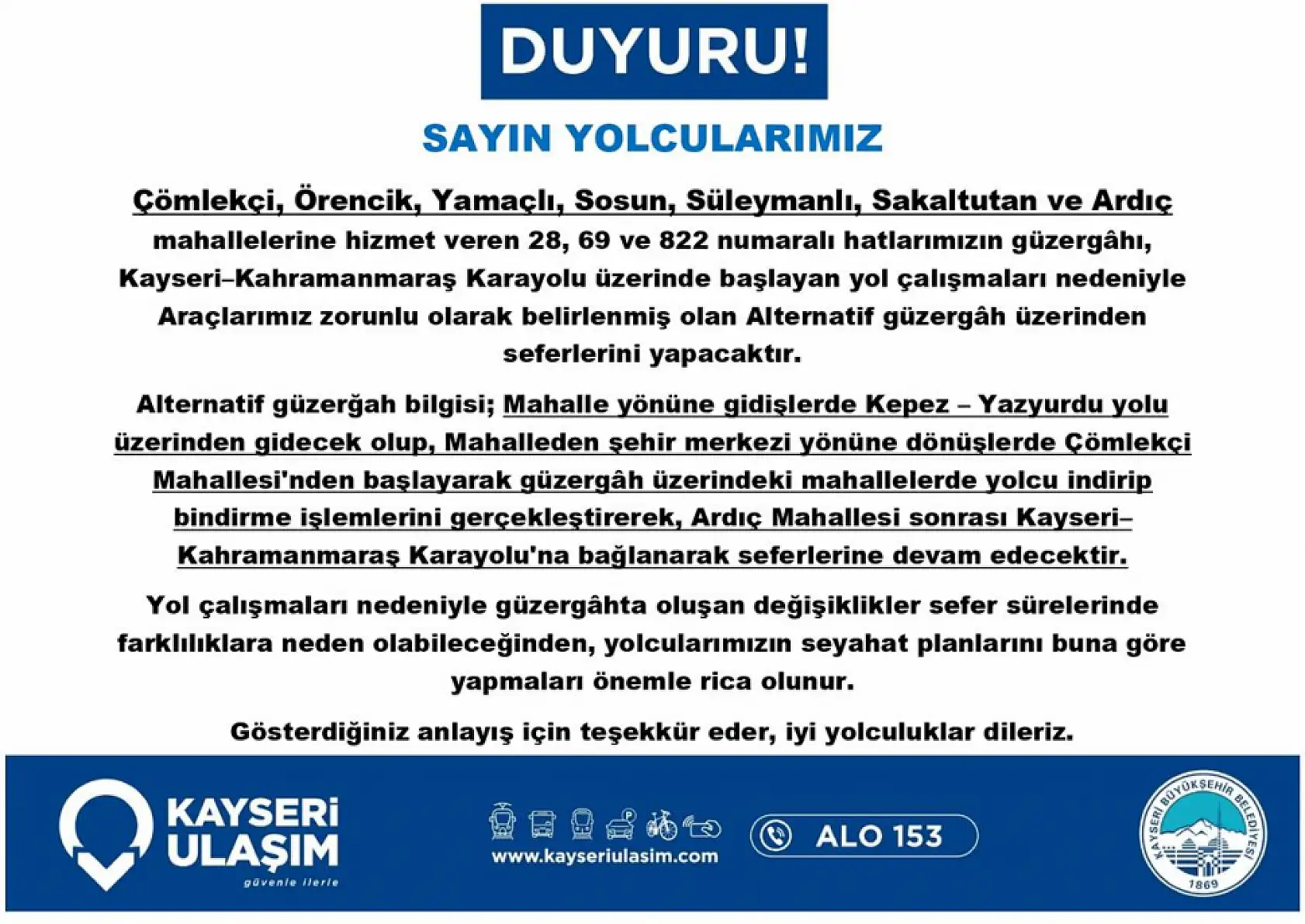 Kayseri'de yeni düzenleme: Hangi otobüslerin sefer saatleri ve güzergahları değişti? (20 Haziran 2026)