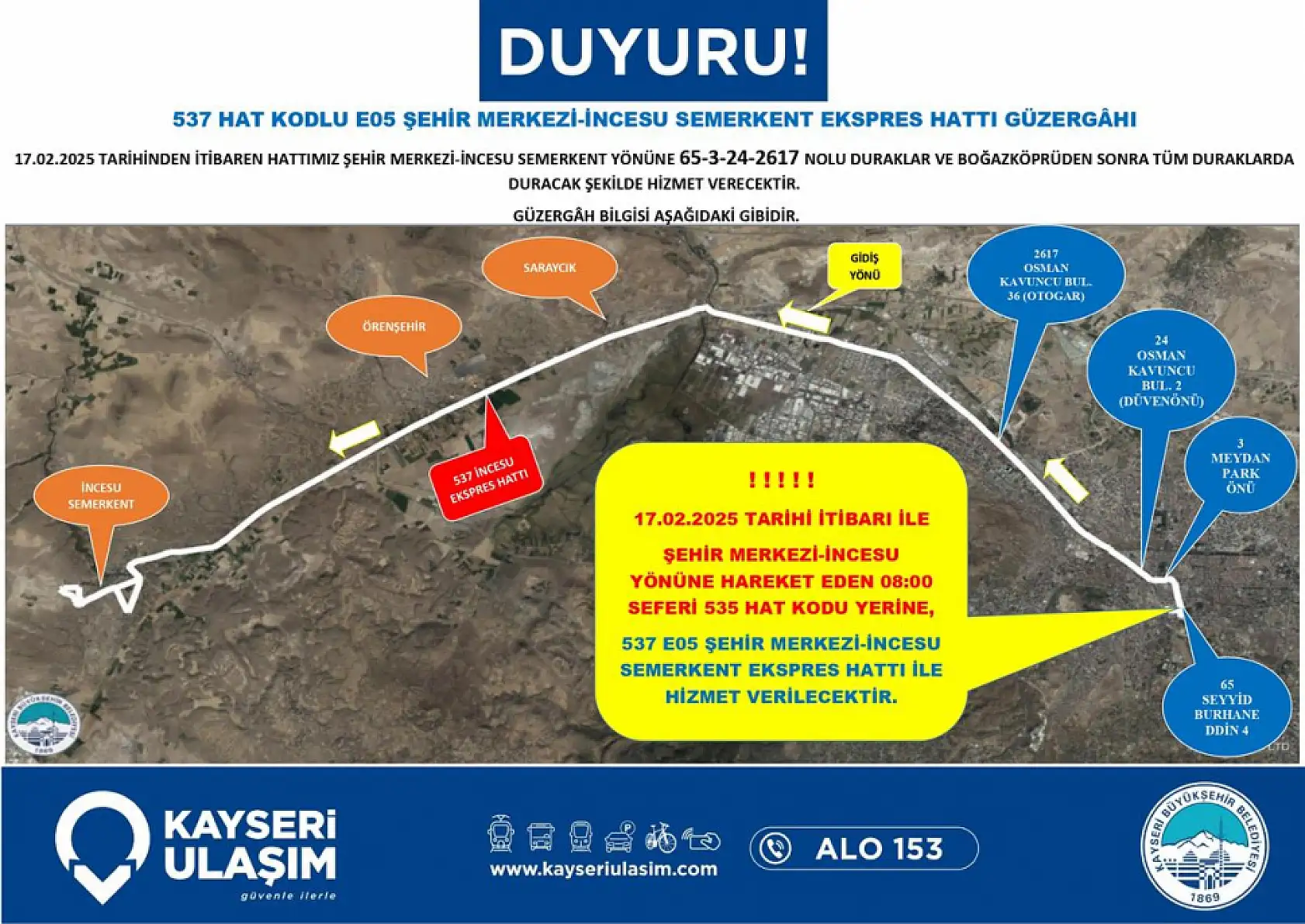 Kayseri'de çok sayıda otobüs sefer ve güzergahında değişiklik yapıldı: Şehir Hastanesi, Zümrüt, Talas, Sanayi...
