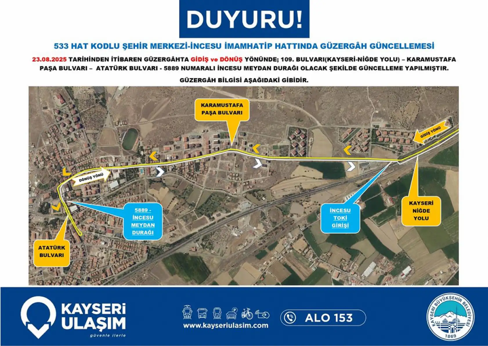 Kayseri'de toplu ulaşım düzenlemesi: İncesu, Erkilet, Boztepe, Kuşçu, Sancaktepe...