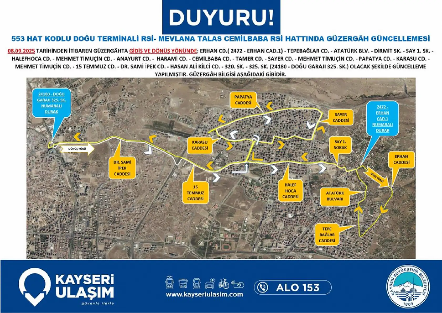 Kayseri'de toplu ulaşım düzenlemesi: Şehir Hastanesi, Beyazşehir, Talas, Anayurt, Mevlana, Sarımsaklı ve çok sayıda güzergah değişti!