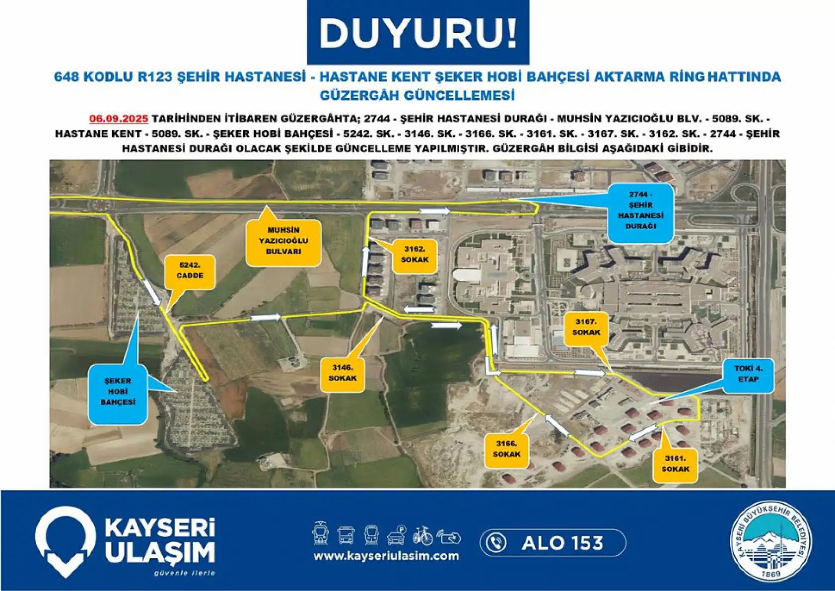 Kayseri'de toplu ulaşım düzenlemesi: Şehir Hastanesi, Beyazşehir, Talas, Anayurt, Mevlana, Sarımsaklı ve çok sayıda güzergah değişti!